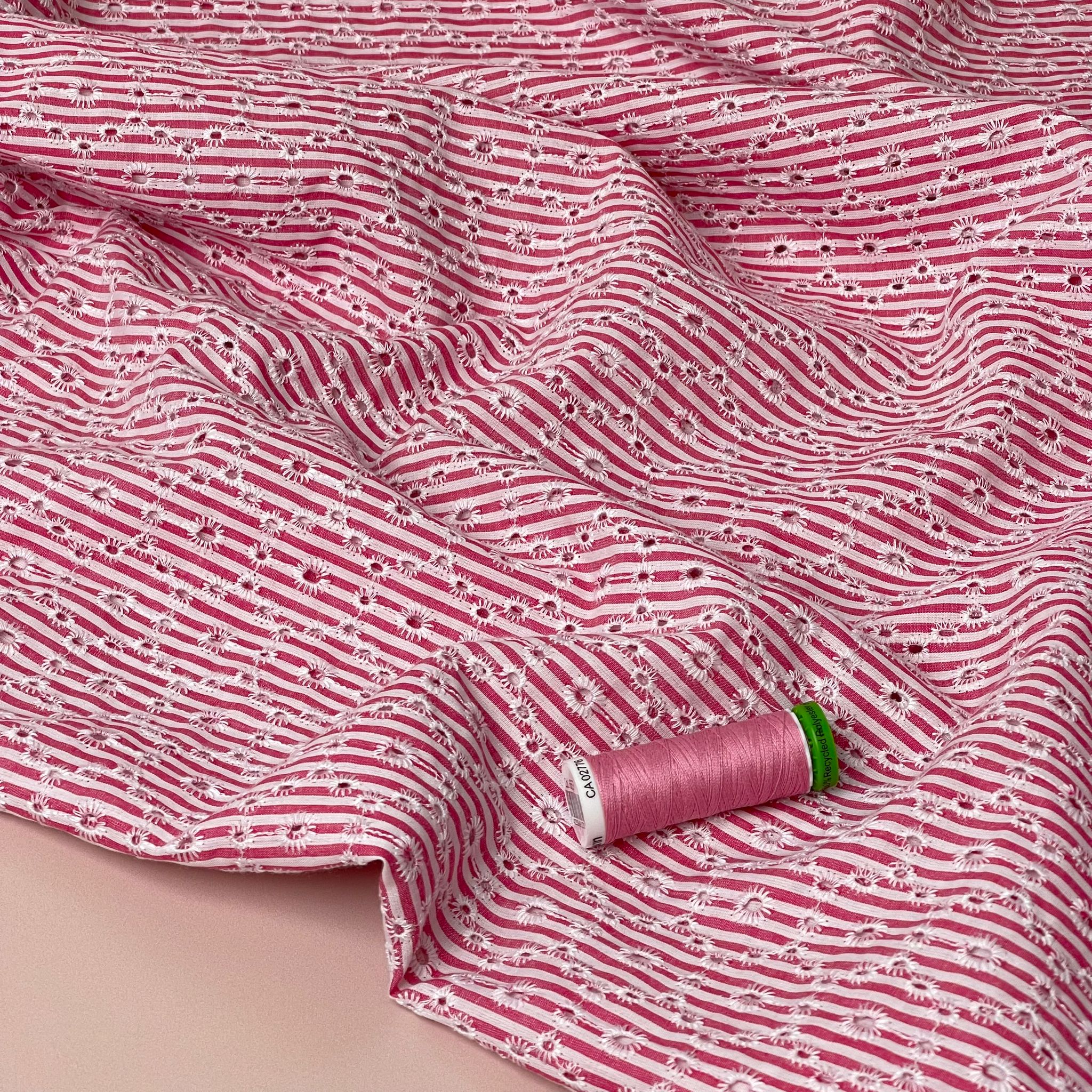 Candy Pink Striped Broderie Anglaise Cotton Fabric