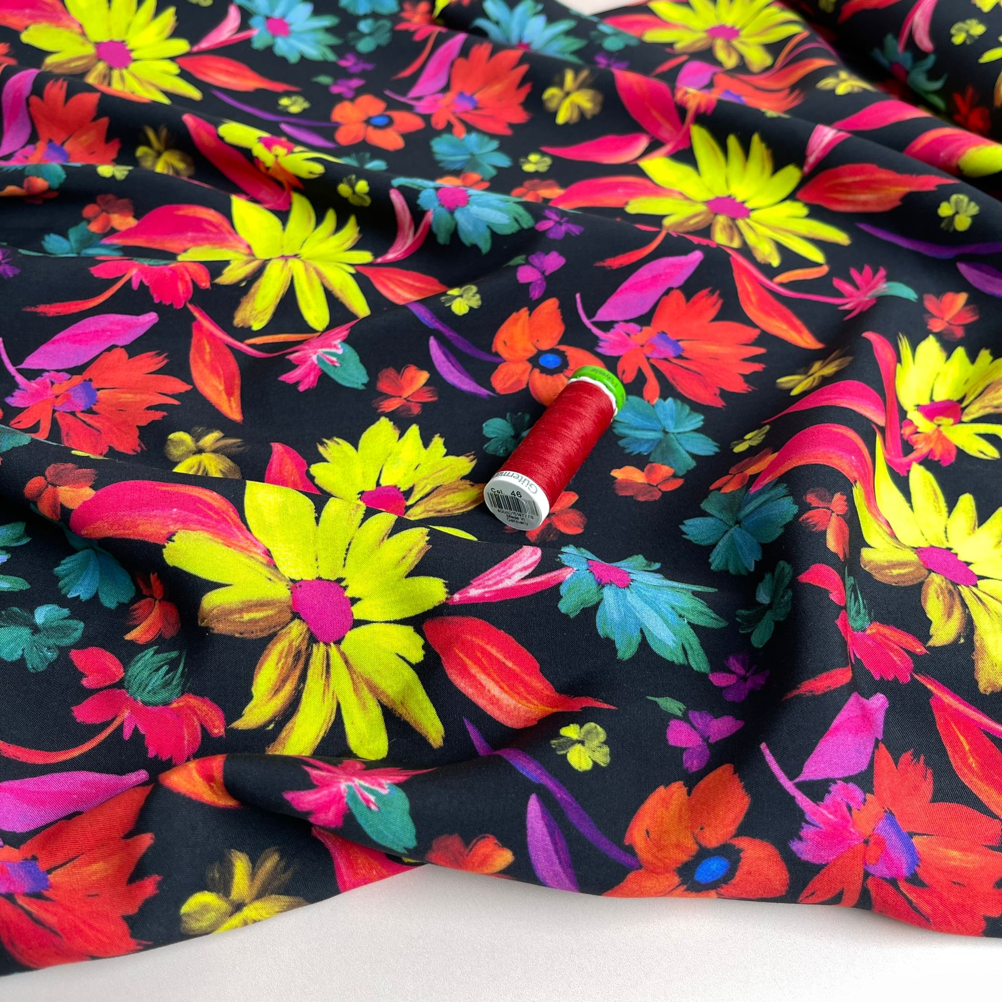 Dopamine Flowers on Black Viscose Fabric