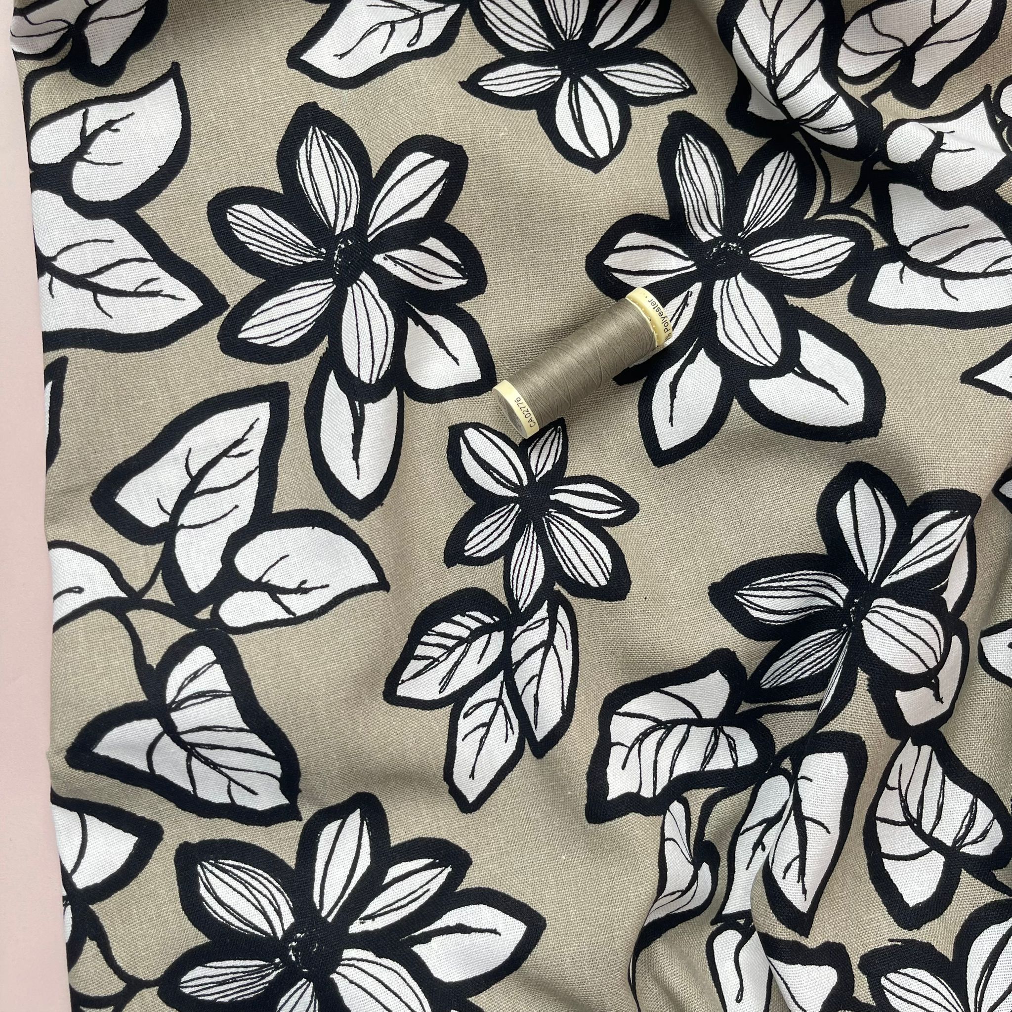 Monochrome Flowers on Taupe Viscose Linen Fabric
