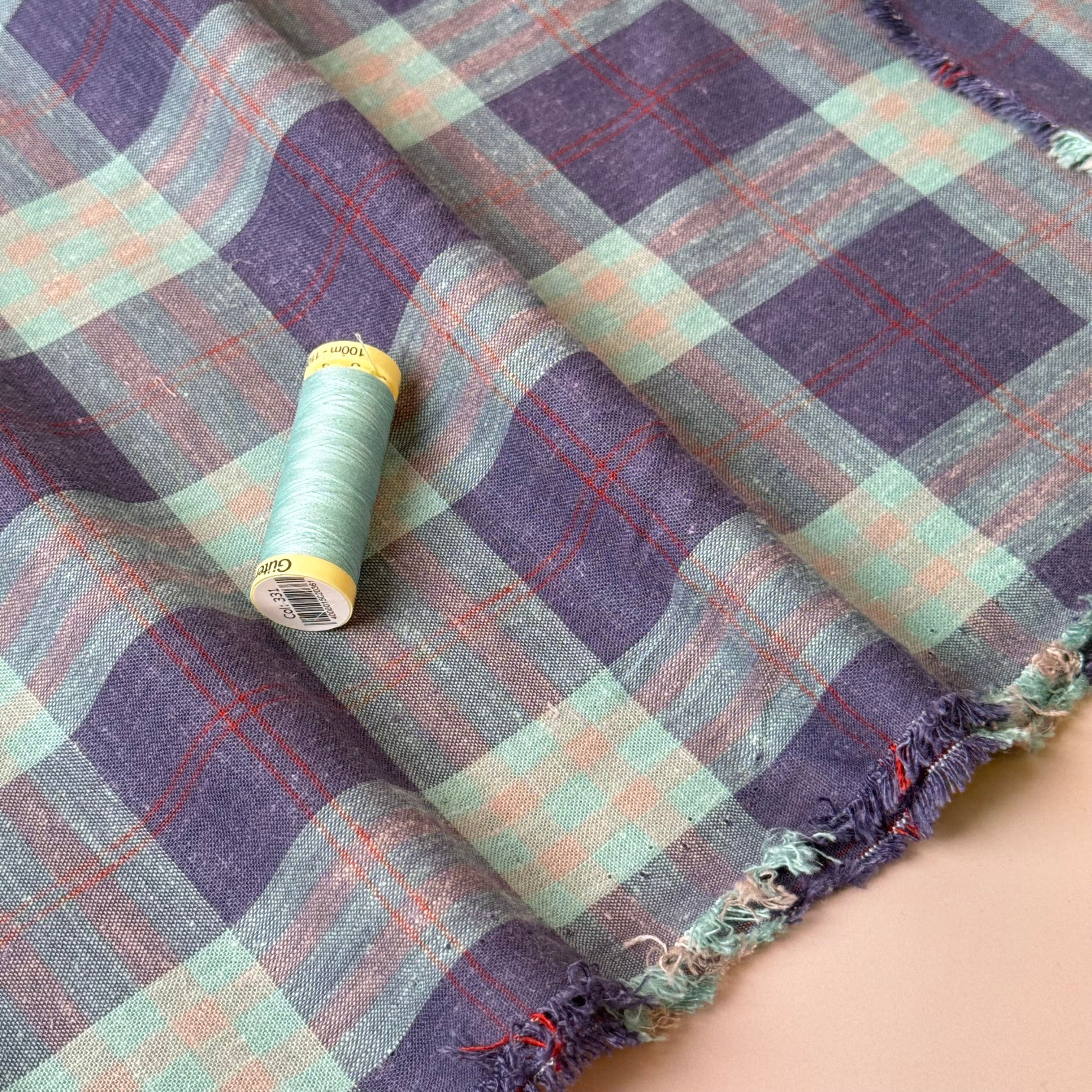 Yarn Dyed Mint and Purple Checks Linen Viscose Fabric