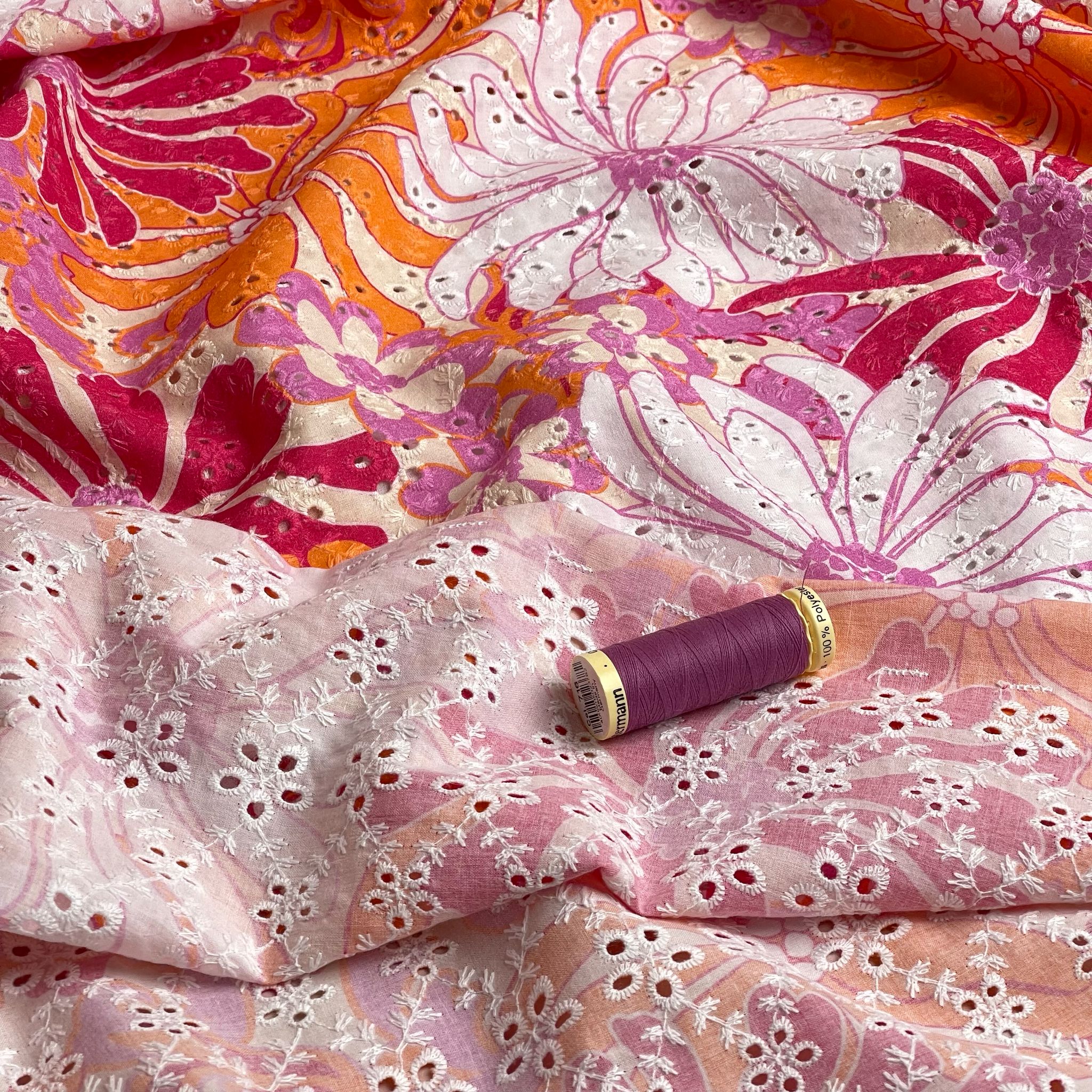 Tropical Sunset Flowers Cotton Broderie Anglaise
