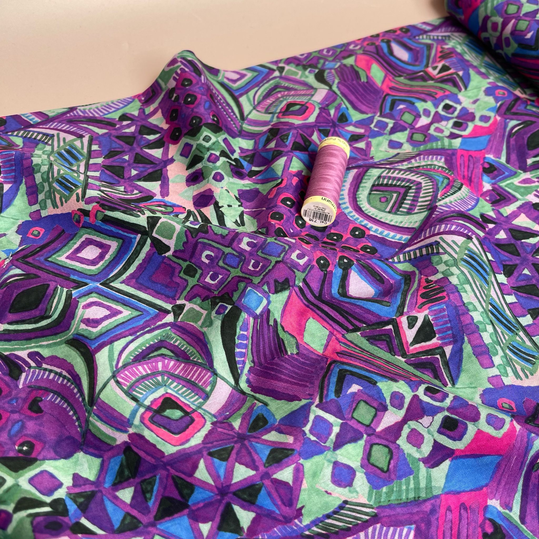 REMNANT 0.64 Metre - Painted Purple Aztec Cotton Voile Fabric
