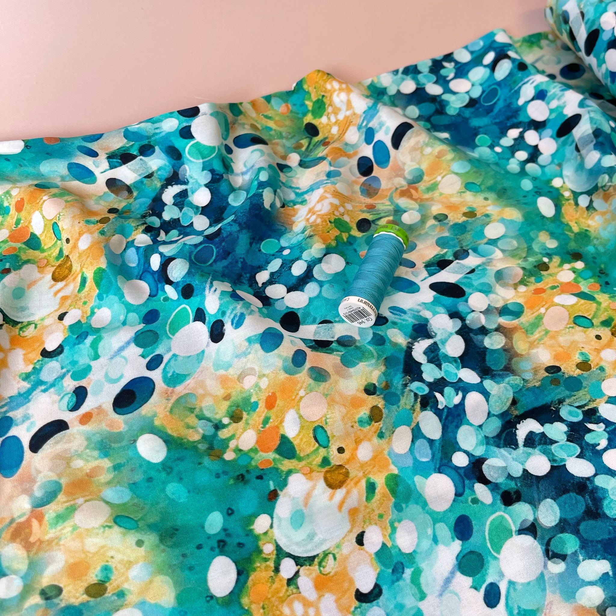 Ocean Watercolour Drops Viscose Poplin Fabric