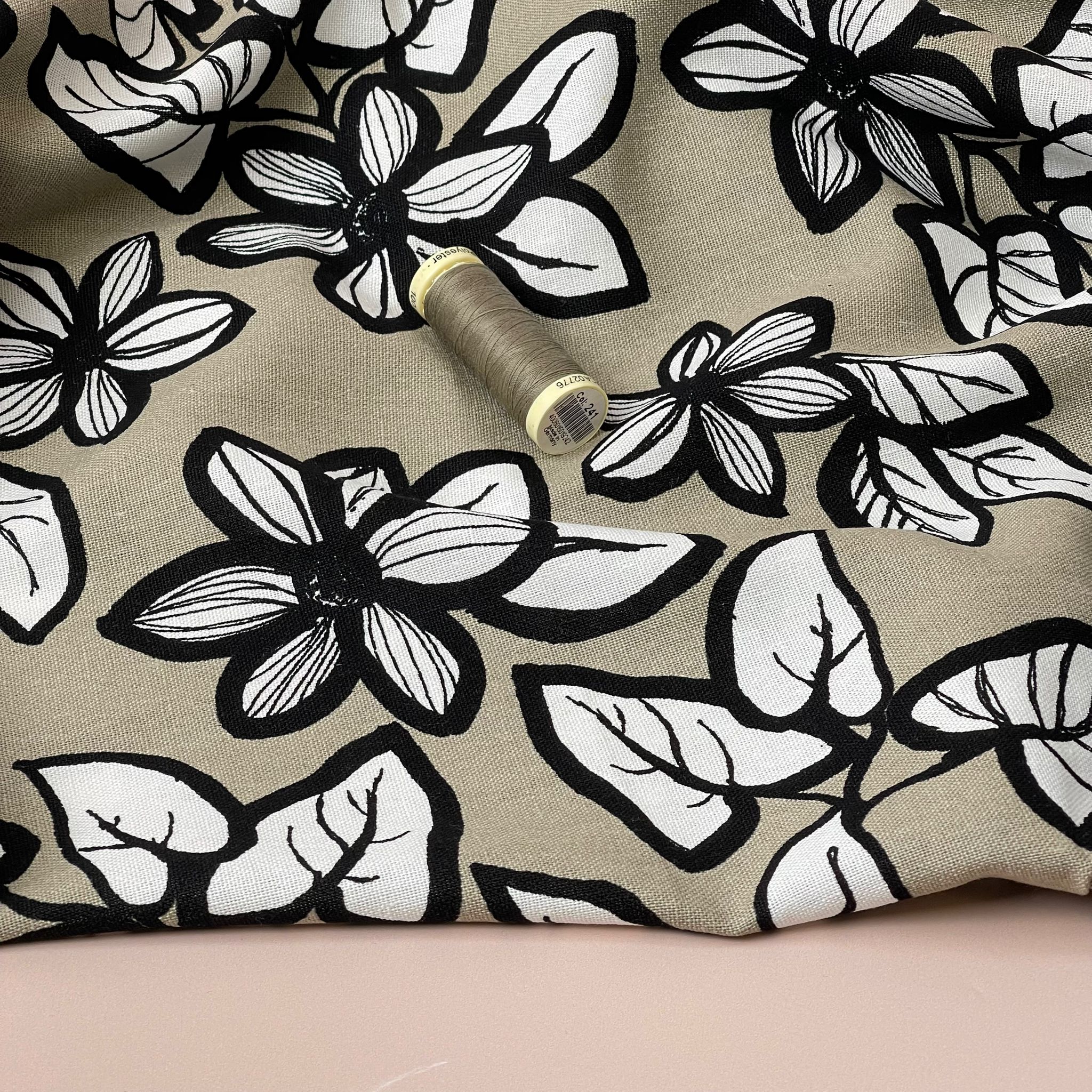 Monochrome Flowers on Taupe Viscose Linen Fabric