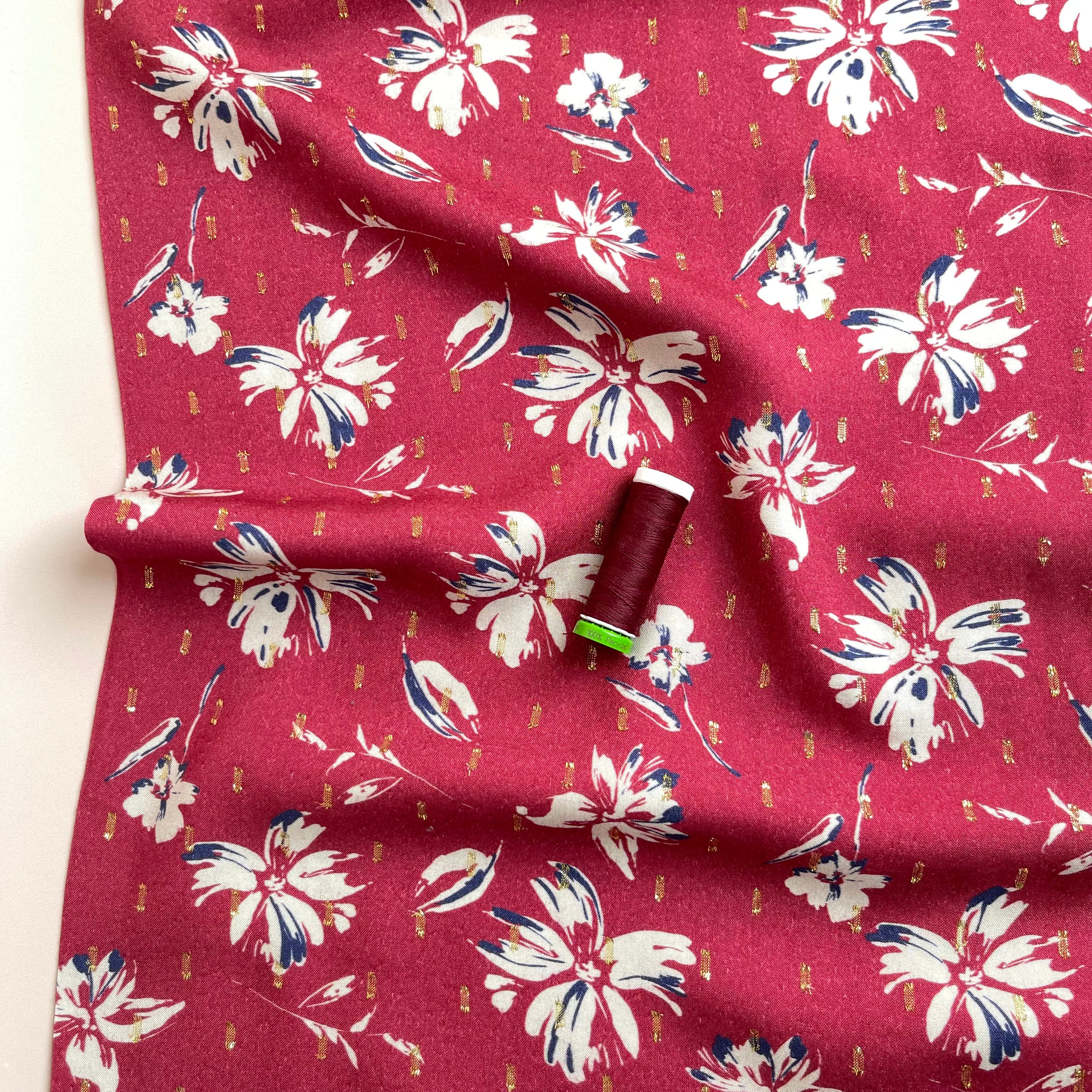 Flowers on Red with Lurex Viscose Fabric