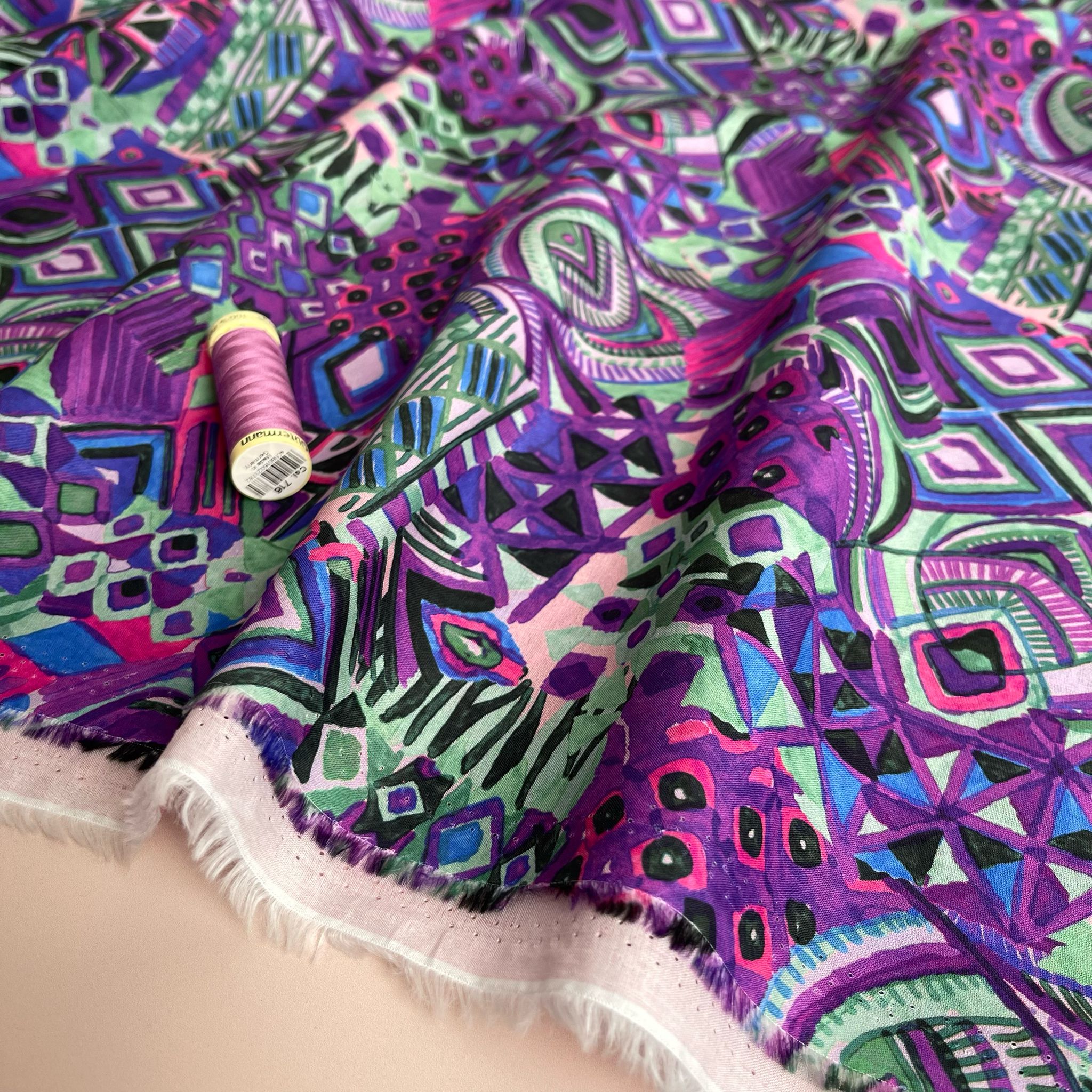 REMNANT 0.64 Metre - Painted Purple Aztec Cotton Voile Fabric