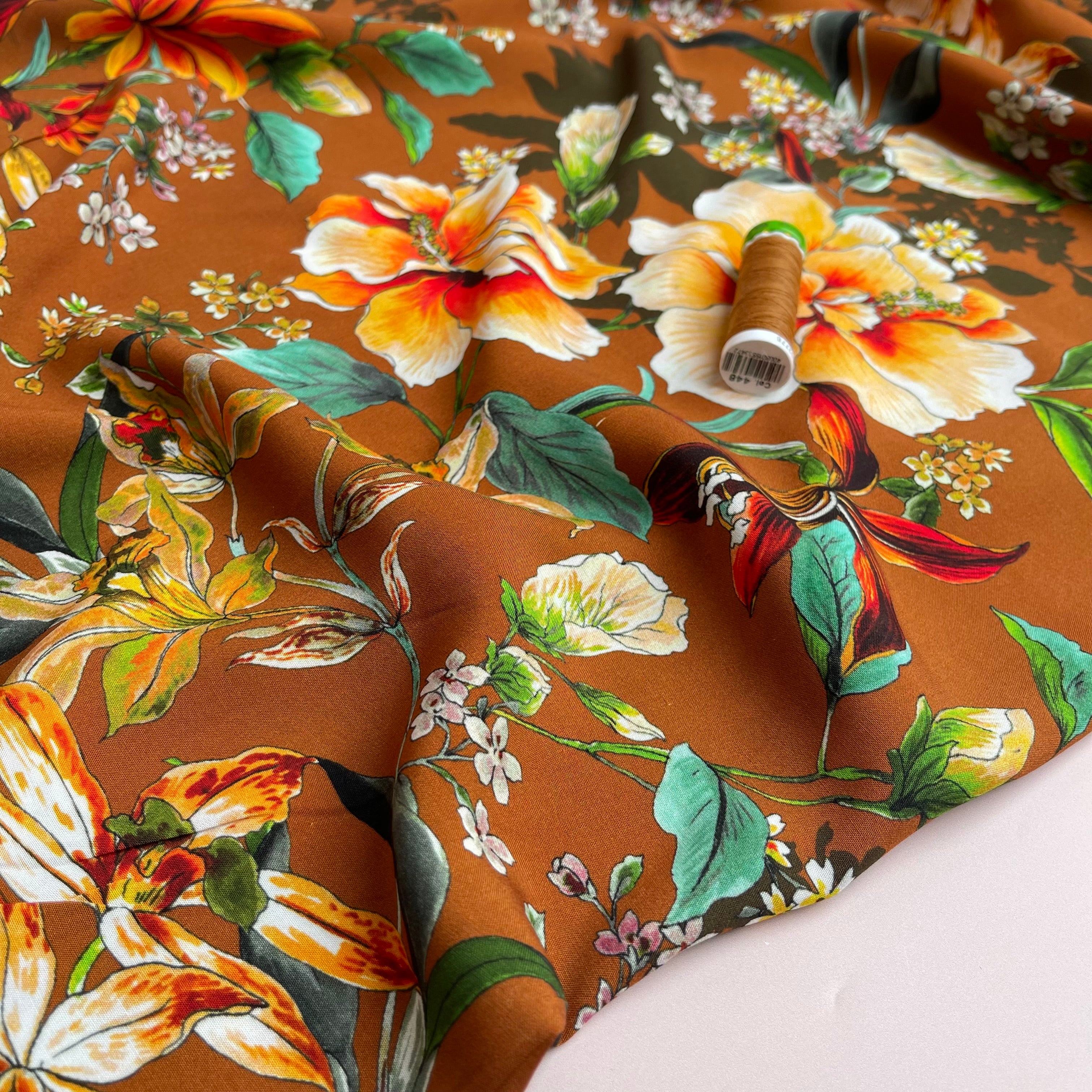 Watercolour Tropics on Appricot Viscose Poplin Fabric