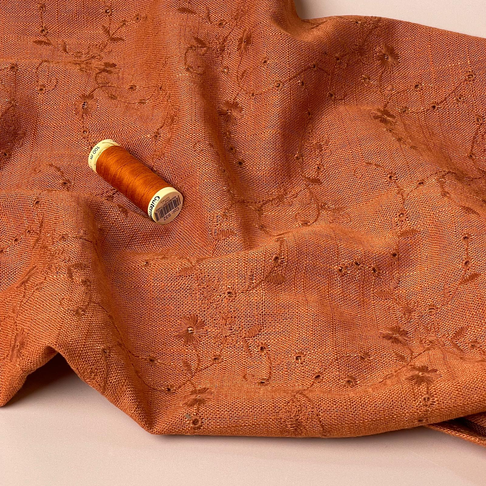 REMNANT 1.09 Metres - Floral Vines on Rust Embroidered Viscose Linen Fabric