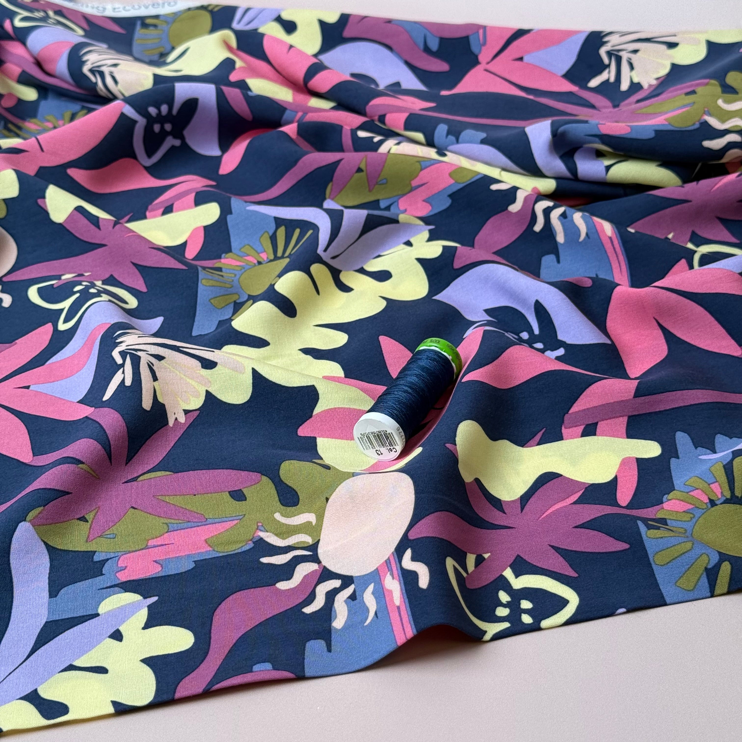 Autumn Resort on Navy LENZING™ ECOVERO™ Viscose Fabric