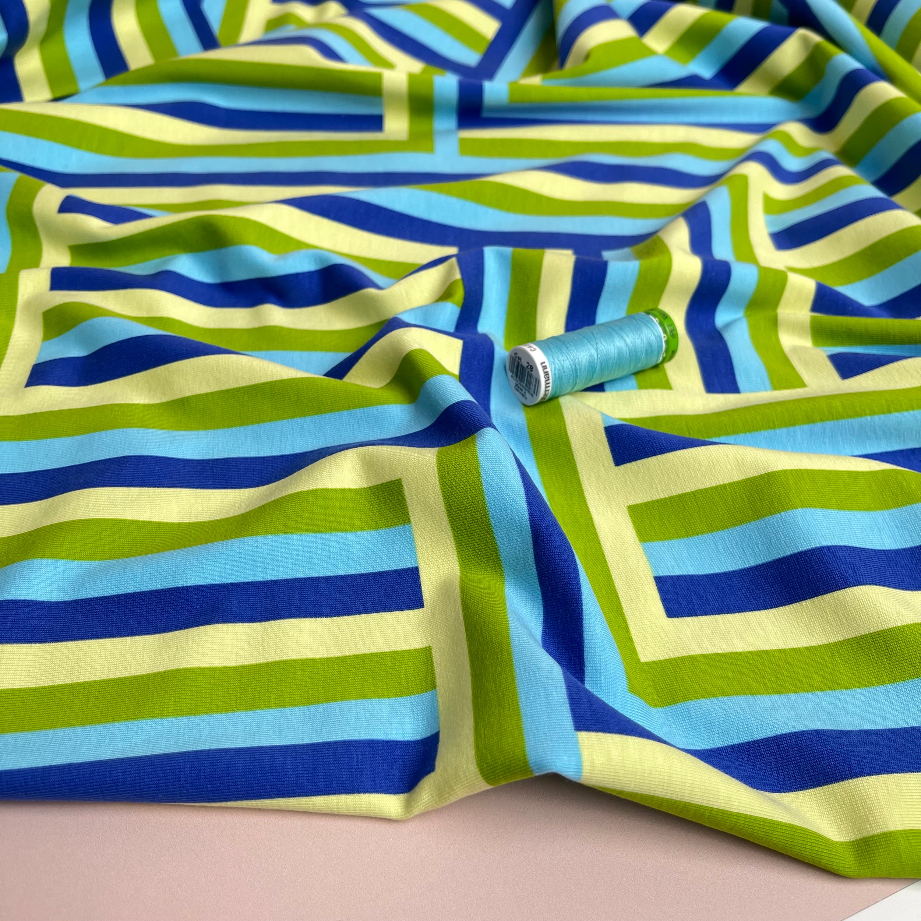 REMNANT 1.5 Metres - Rainbow Maze Turquoise Cotton Jersey Fabric