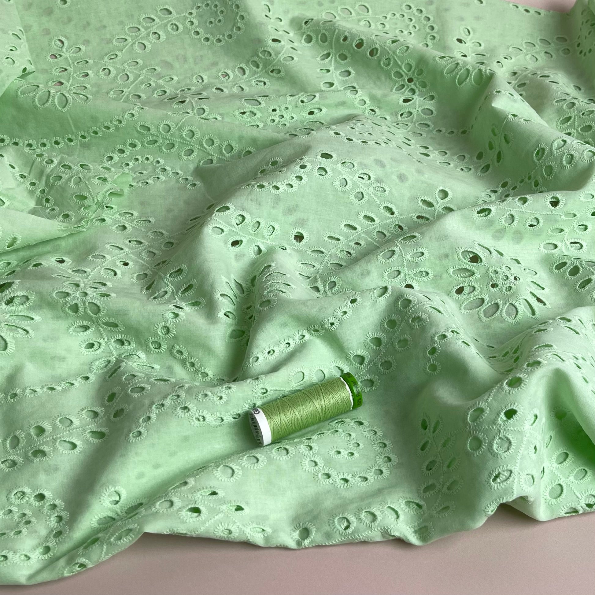 REMNANT 2.55 metres - Sweet Vines Mint Cotton Broderie Anglaise Fabric