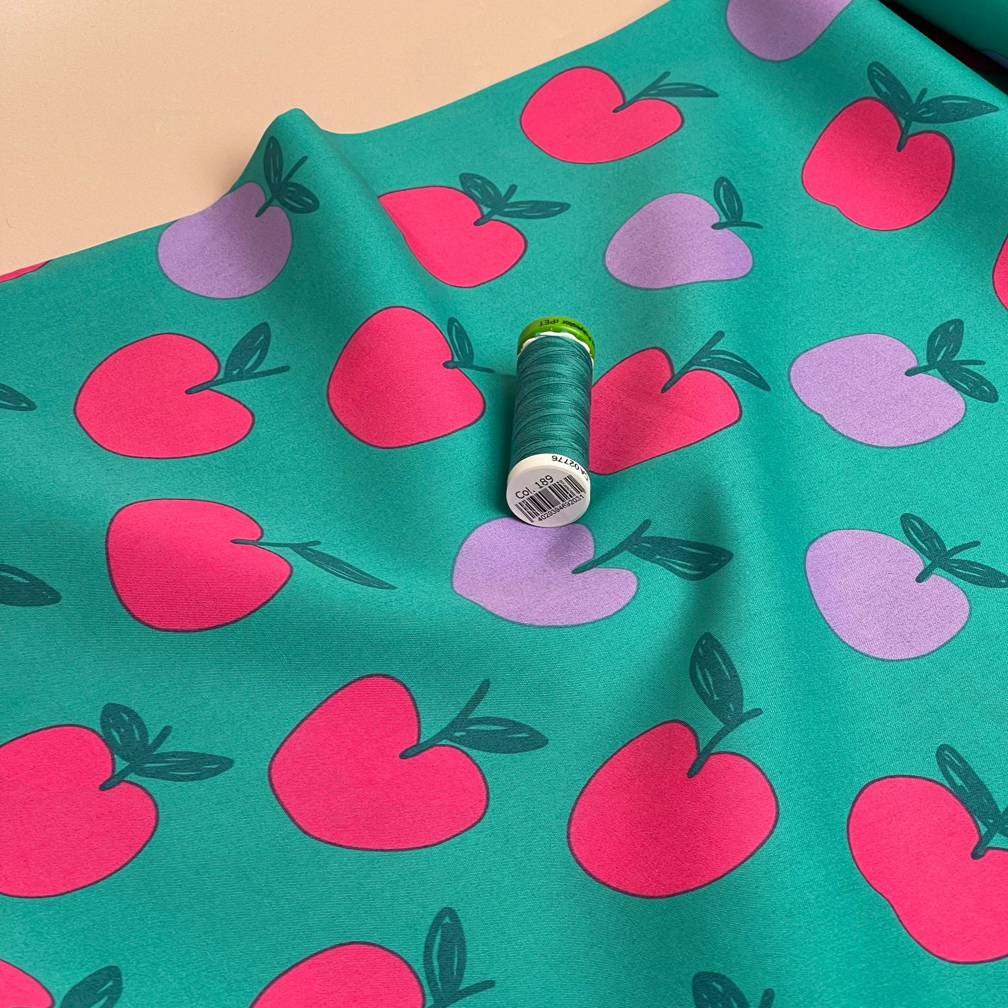 Funky Apples on Teal Cotton Poplin Fabric