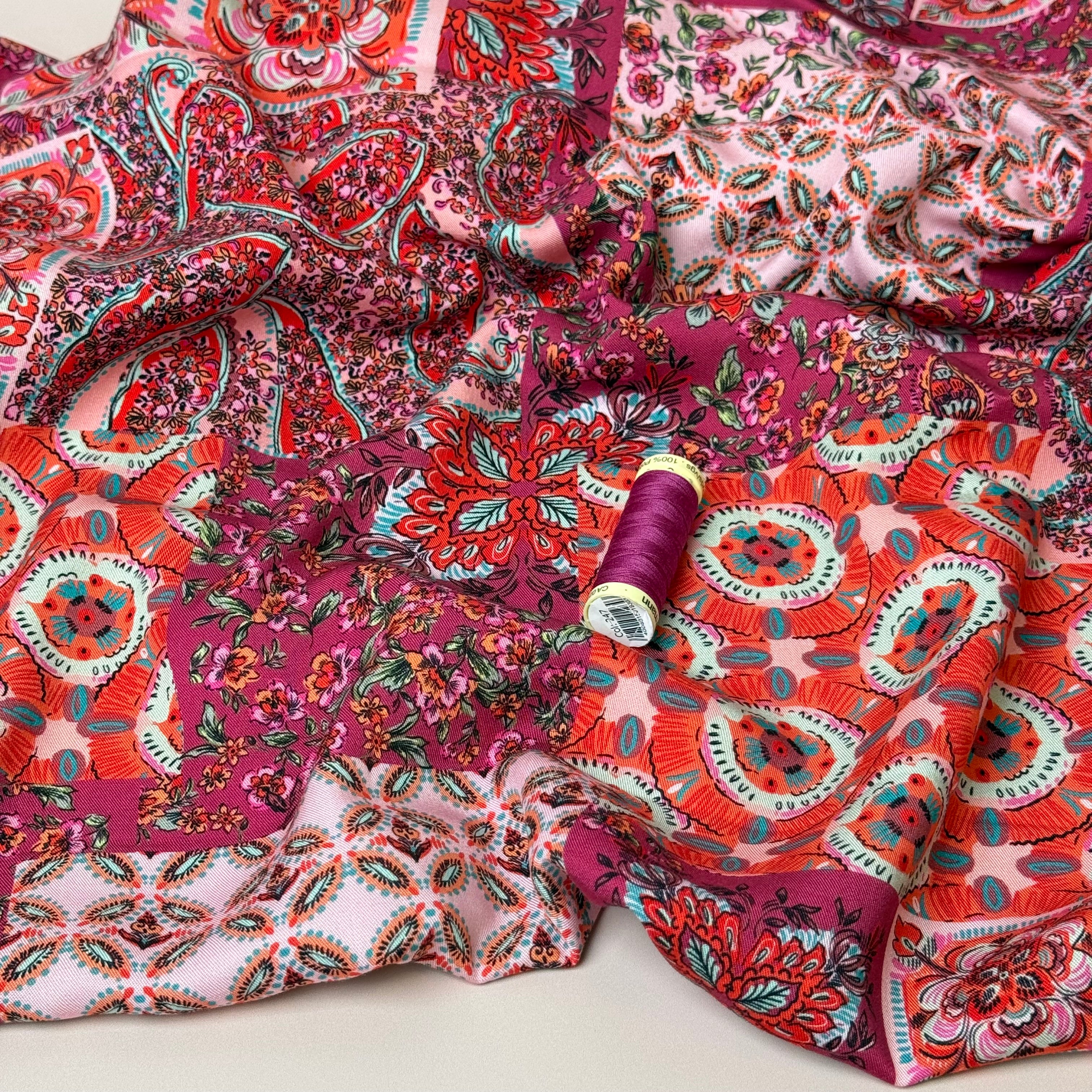 Vintage Patchwork Berry Viscose Twill Fabric
