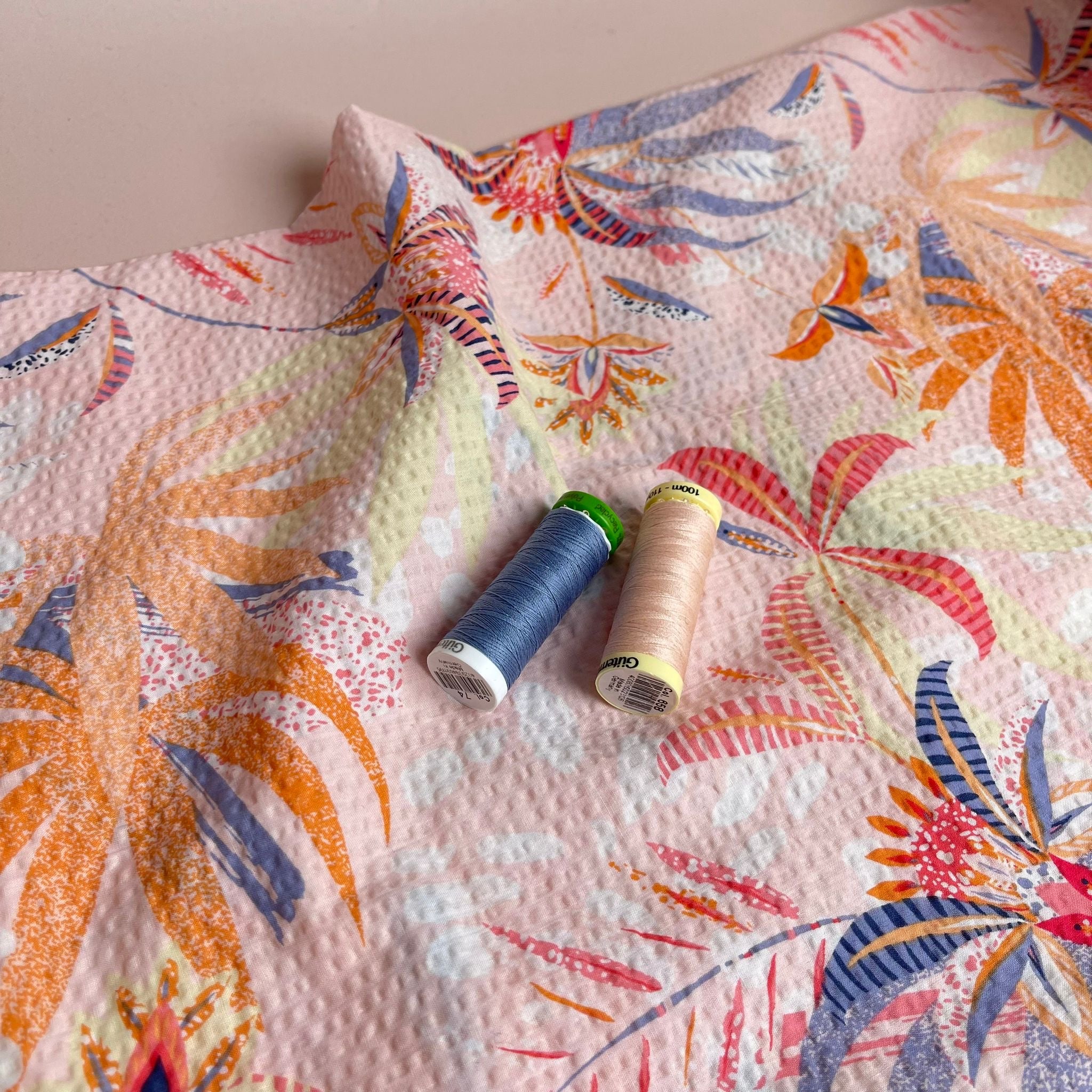 Ex-Designer Deadstock Tropical Blush Cotton Seersucker Fabric