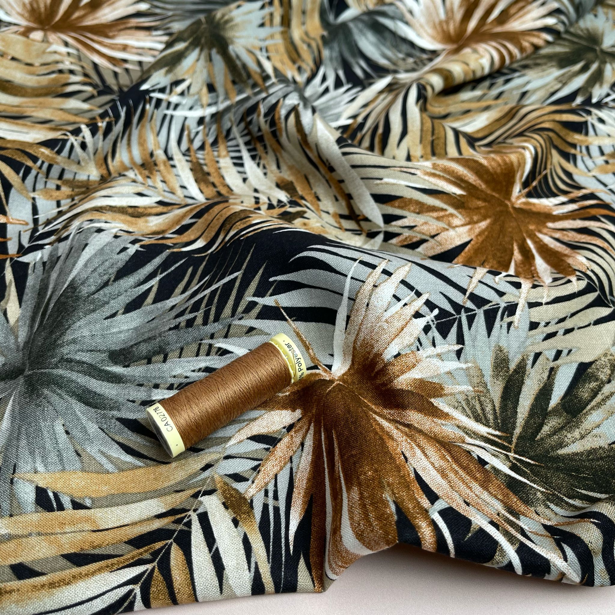 REMNANT 3.09 Metres - Tropical Fan Leaves in Brown Viscose Linen Blend Fabric