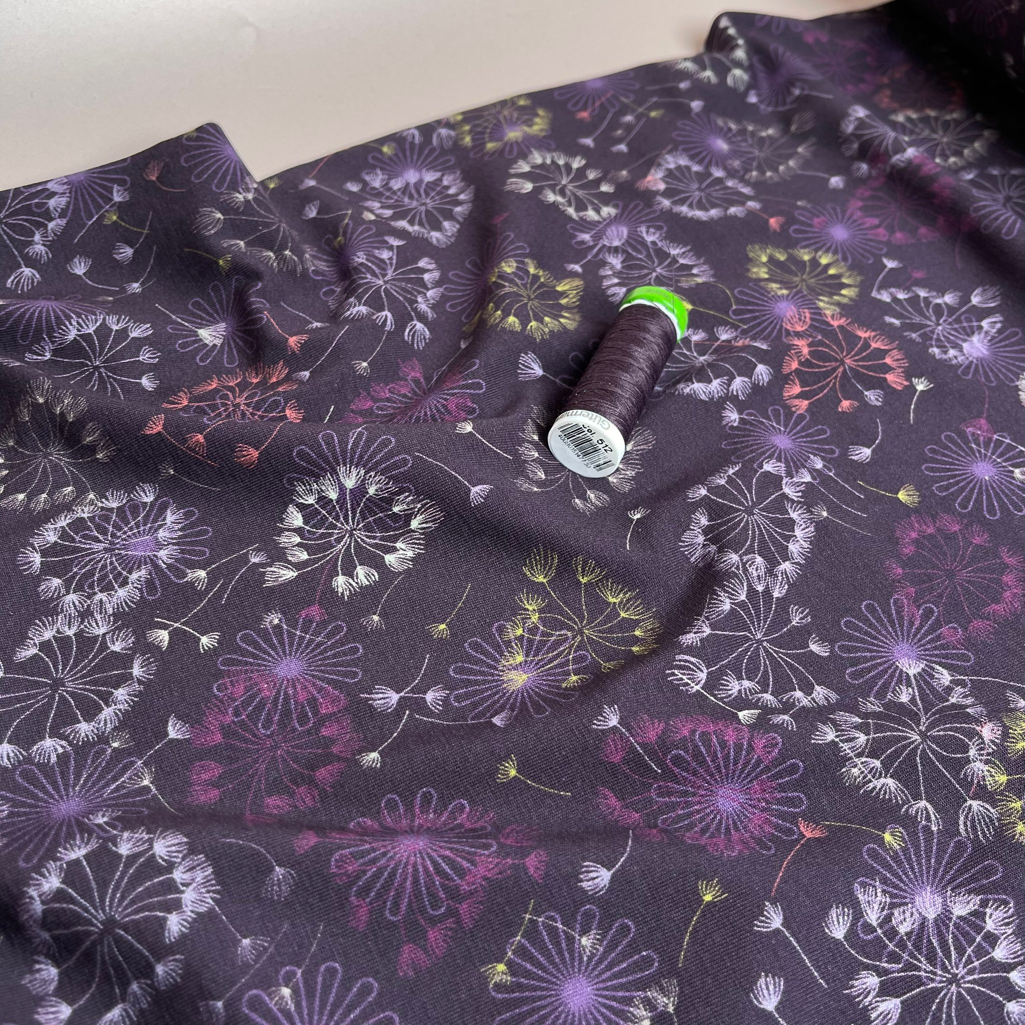 REMNANT 0.58 Metre - Danish Design - Dandelions on Purple Cotton Jersey Fabric