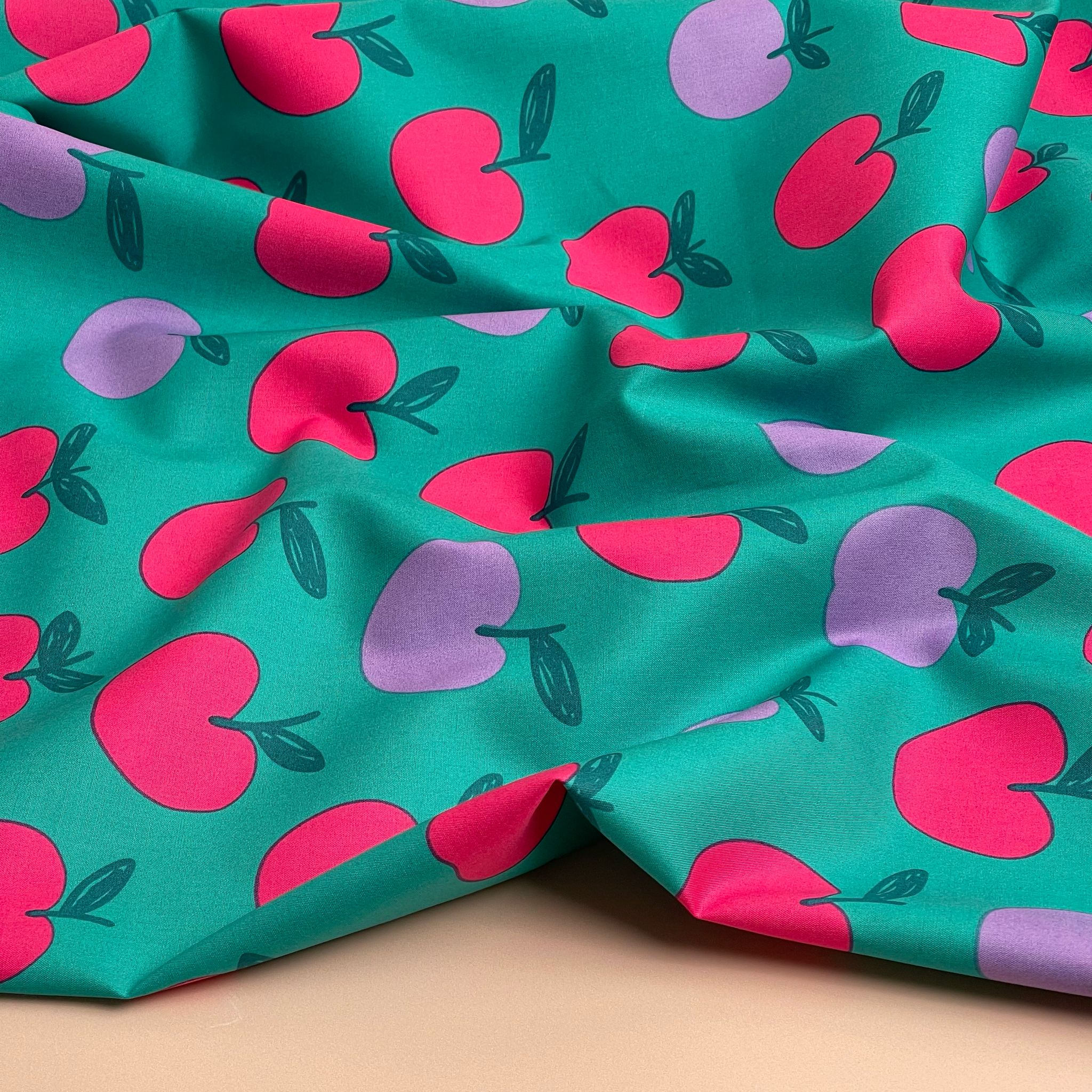 Funky Apples on Teal Cotton Poplin Fabric