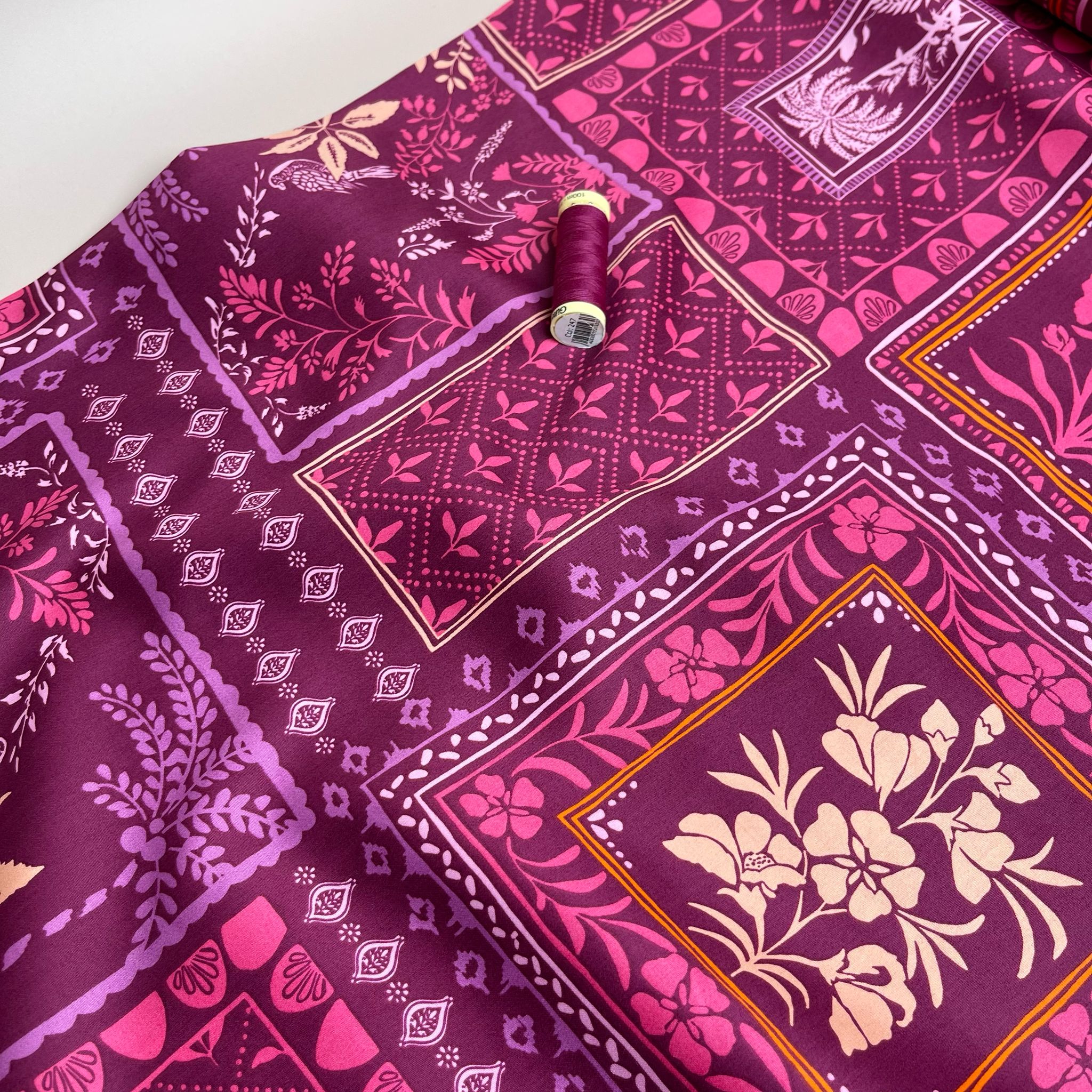 Patchwork Foliage Fuchsia Cotton Sateen Fabric