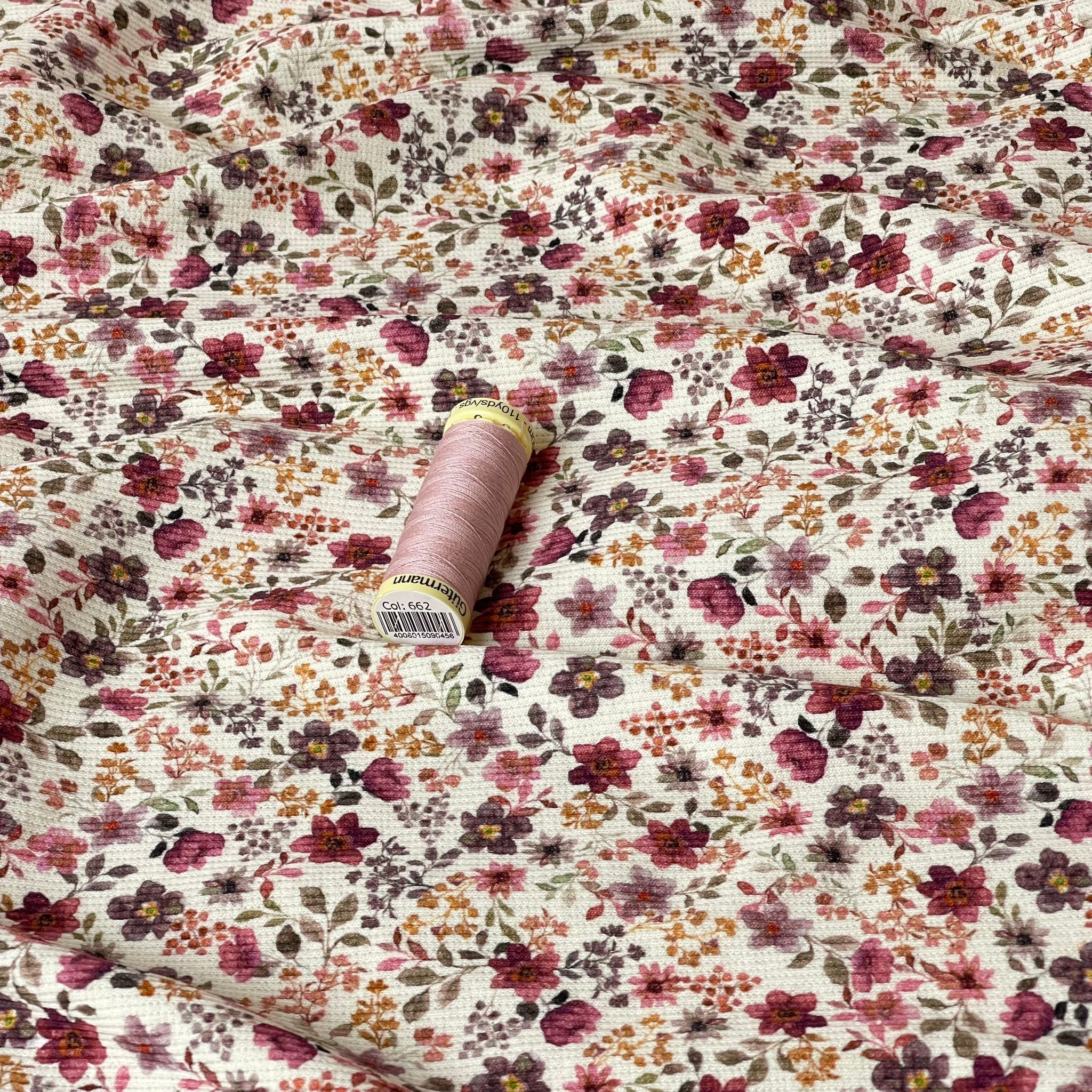 Ditsy Old Rose Flowers Cotton Ribbed Jersey