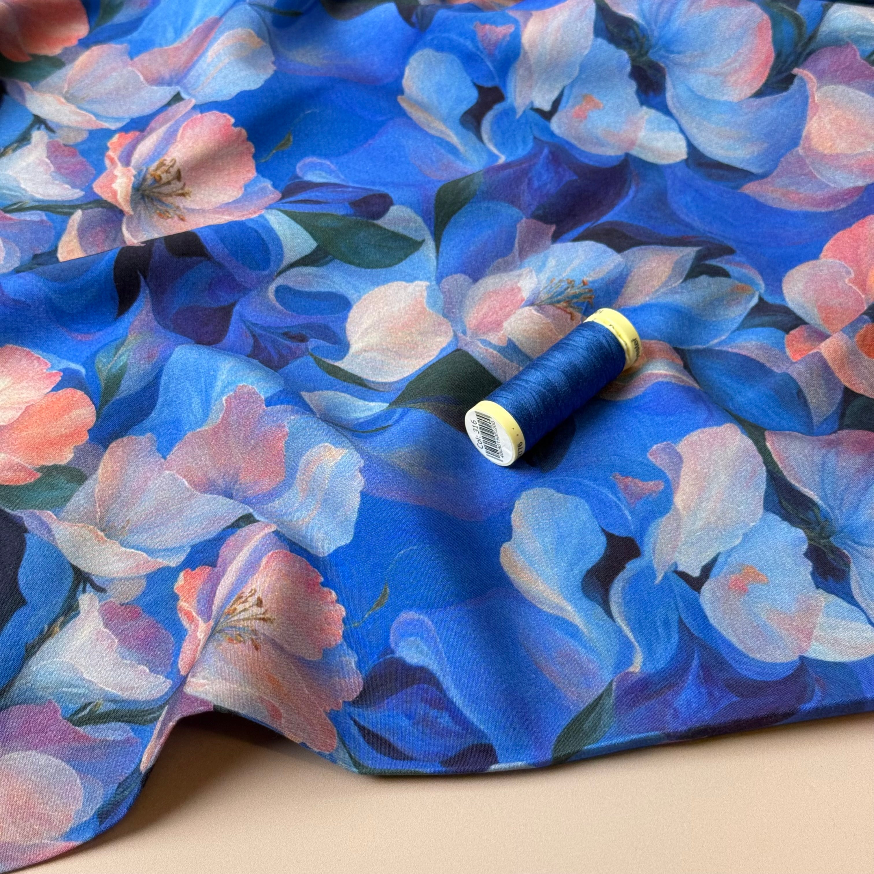 Watercolour Blue Flowers Viscose Twill with Stretch
