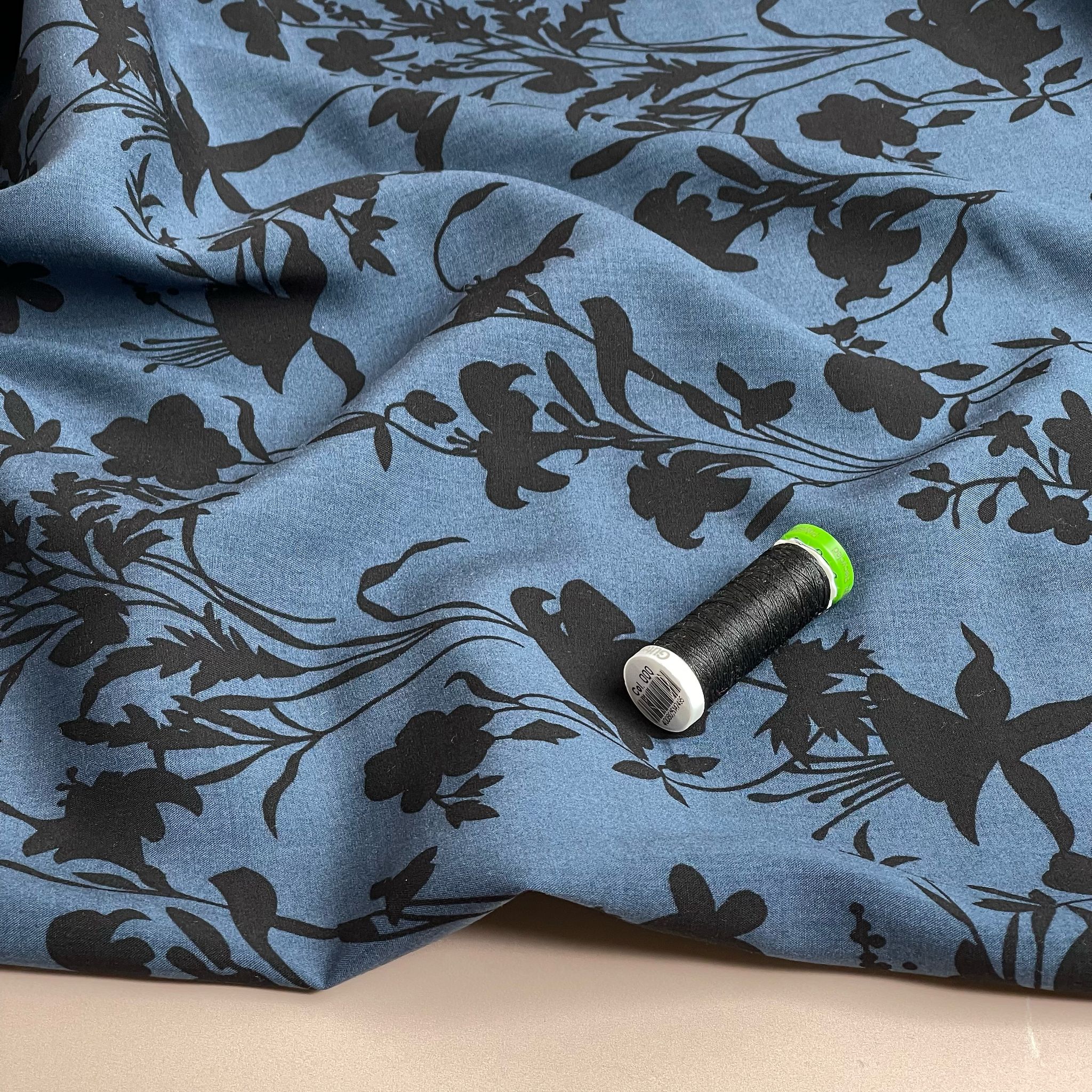 REMNANT 0.8 metres (some washable marks) Floral Shadows on Midnight Blue Viscose Fabric