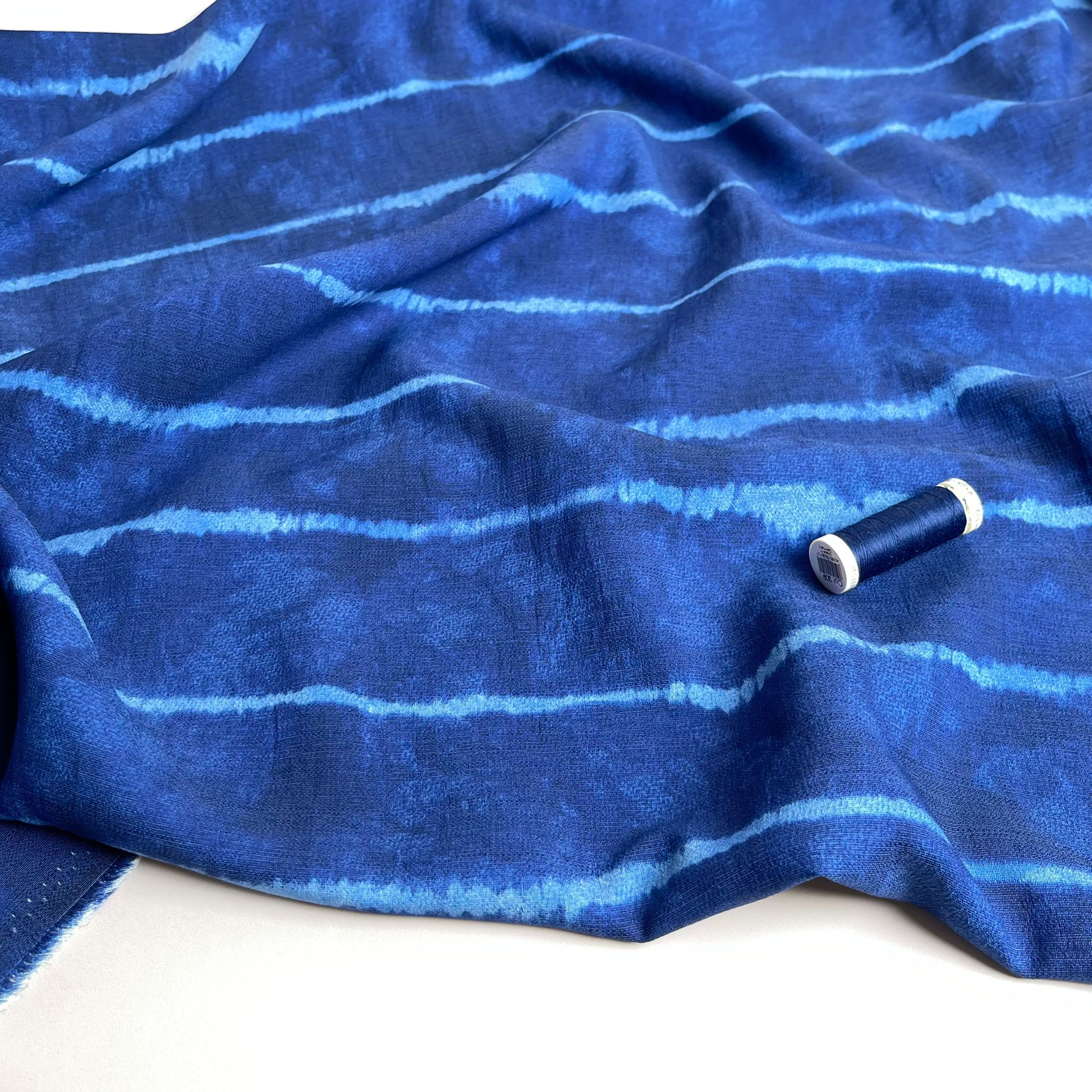 REMNANT 2.2 Metres - Tie Dye Stripes on Indigo Blue Textured Viscose Fabric