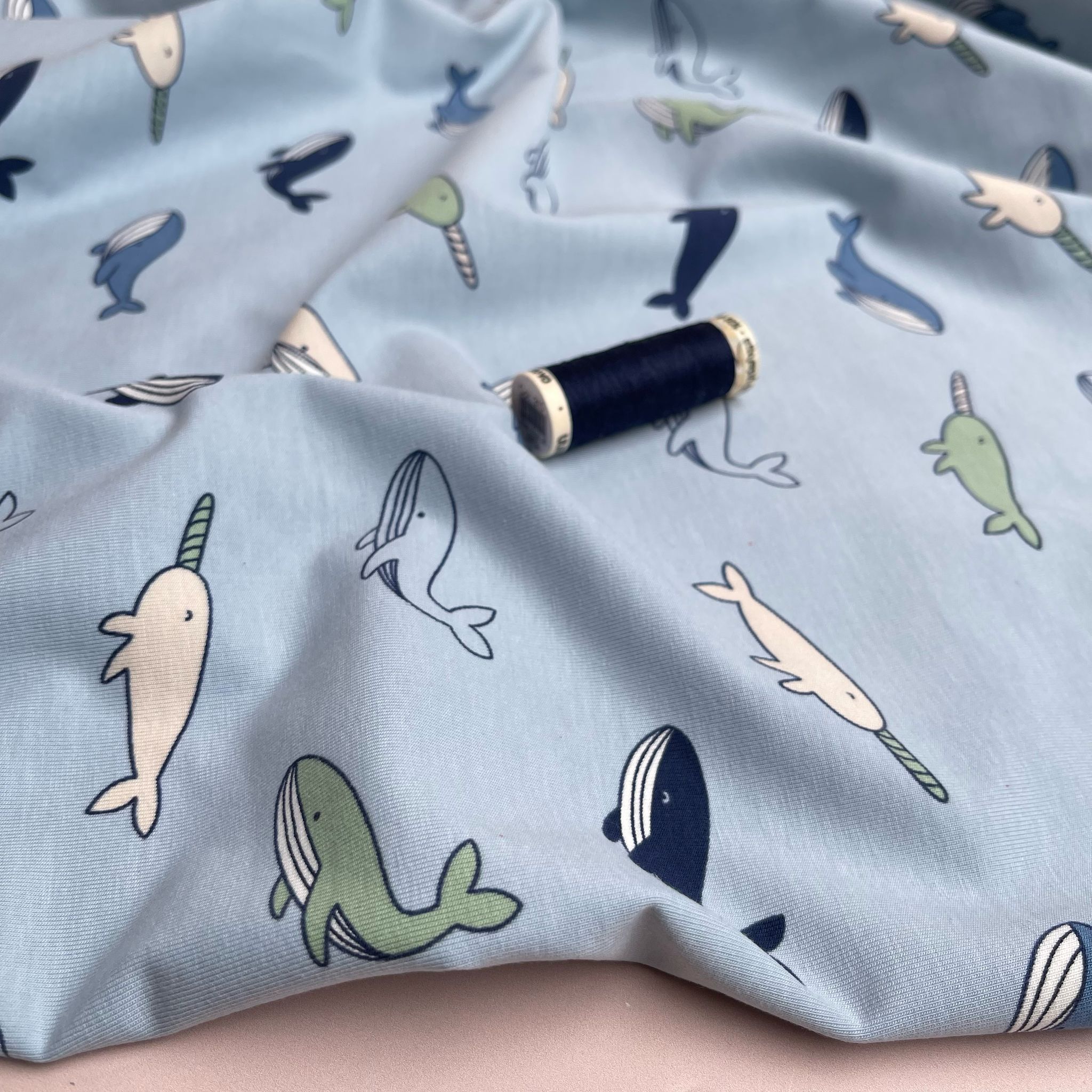 Light Blue Whales Cotton Jersey Fabric