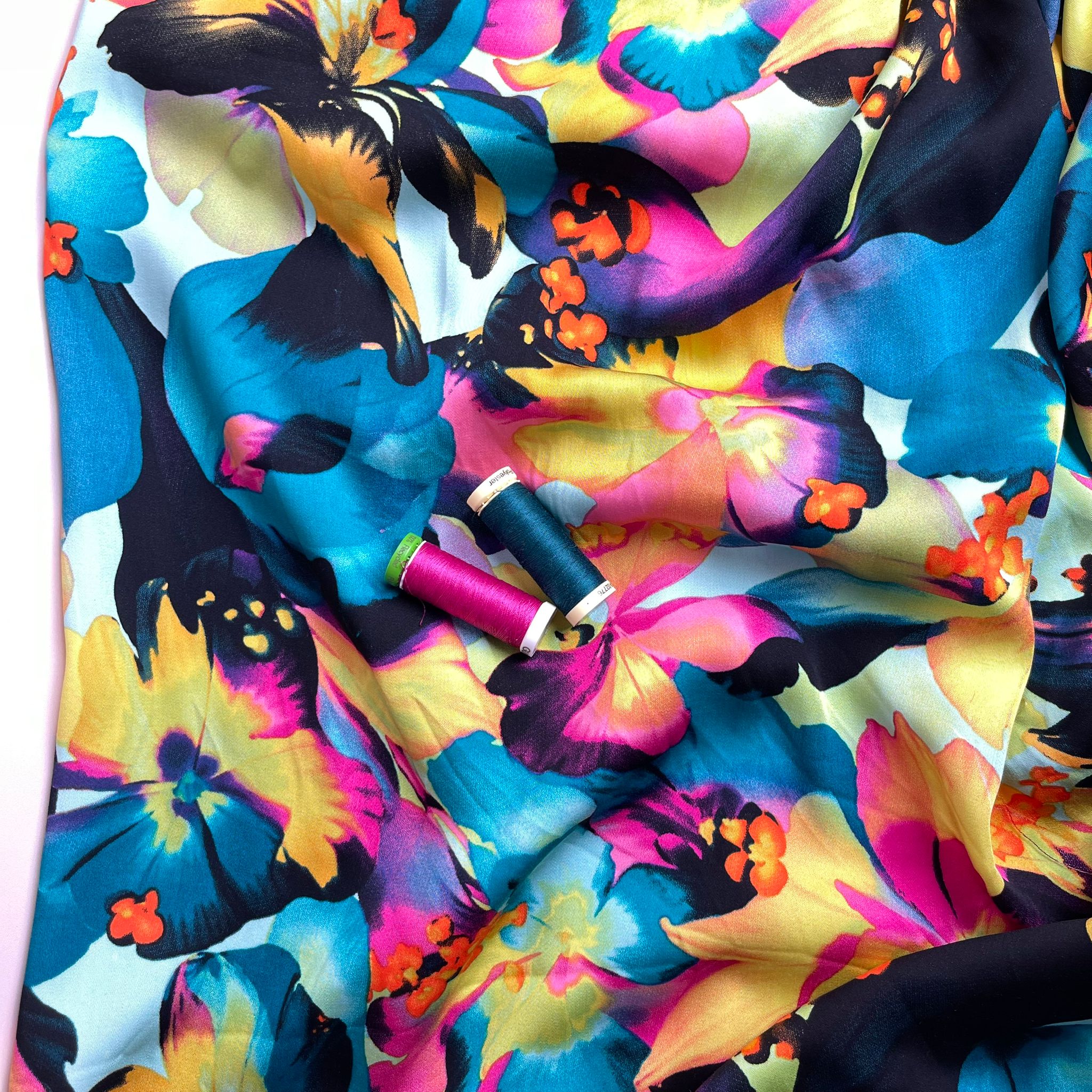 REMNANT 2.95 Metres - Vibrant Blooms in Turquoise and Pink Viscose Sateen Fabric