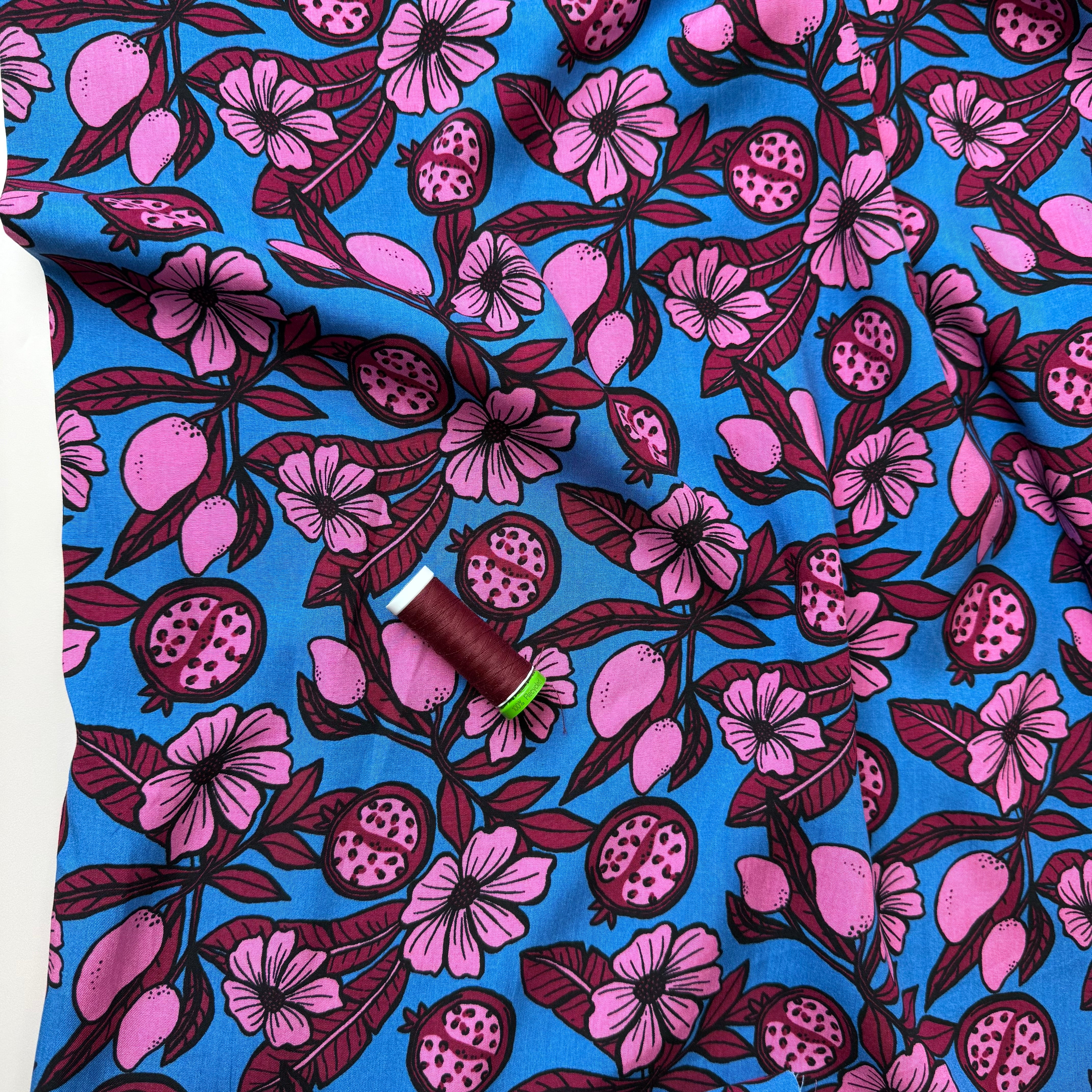 Pomegranates on Azure Blue Viscose Fabric