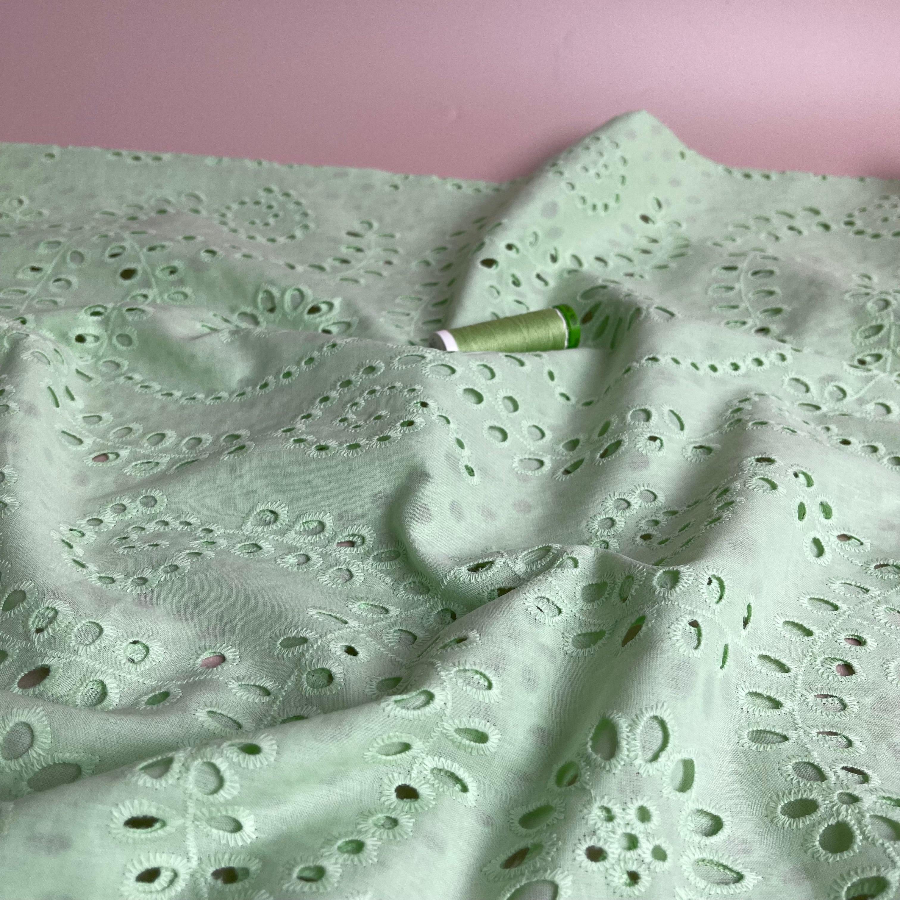 REMNANT 2.55 metres - Sweet Vines Mint Cotton Broderie Anglaise Fabric