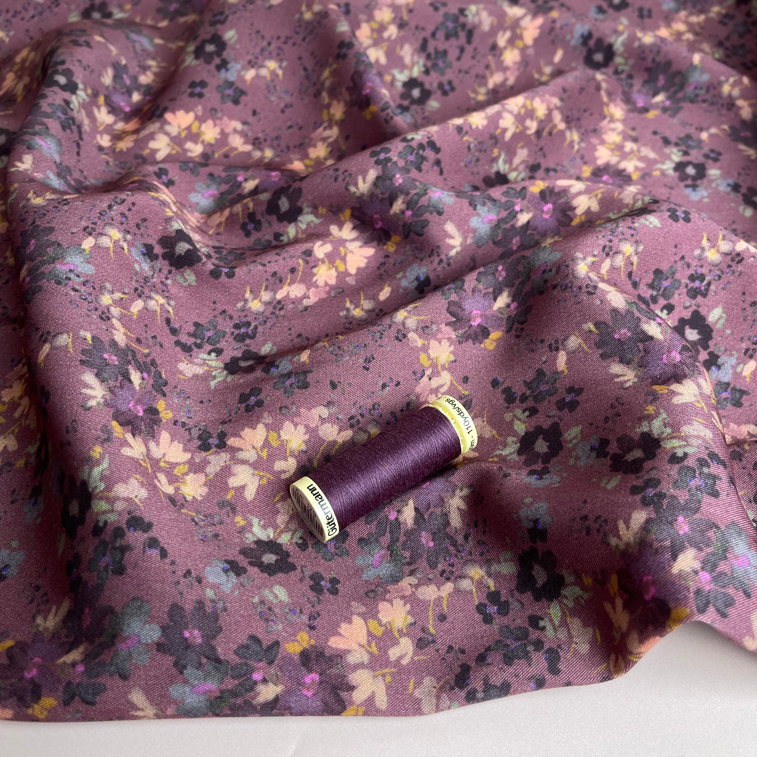 Rosella Watercolour Flowers on Rosewood Stretch Viscose Twill Fabric
