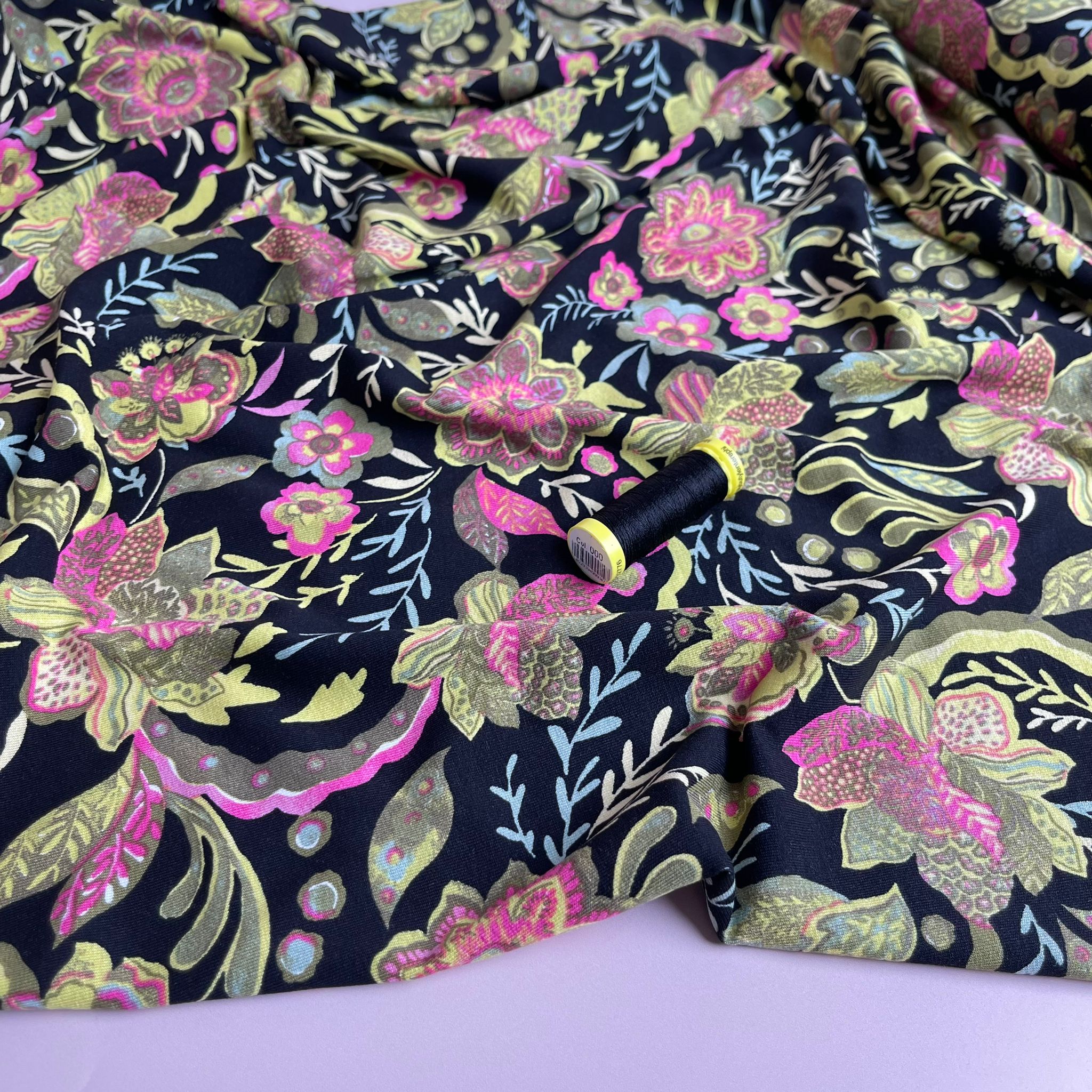 REMNANT 0.61 Metre - Ornate Flower in Lime and Pink De Luxe Viscose Jersey Fabric