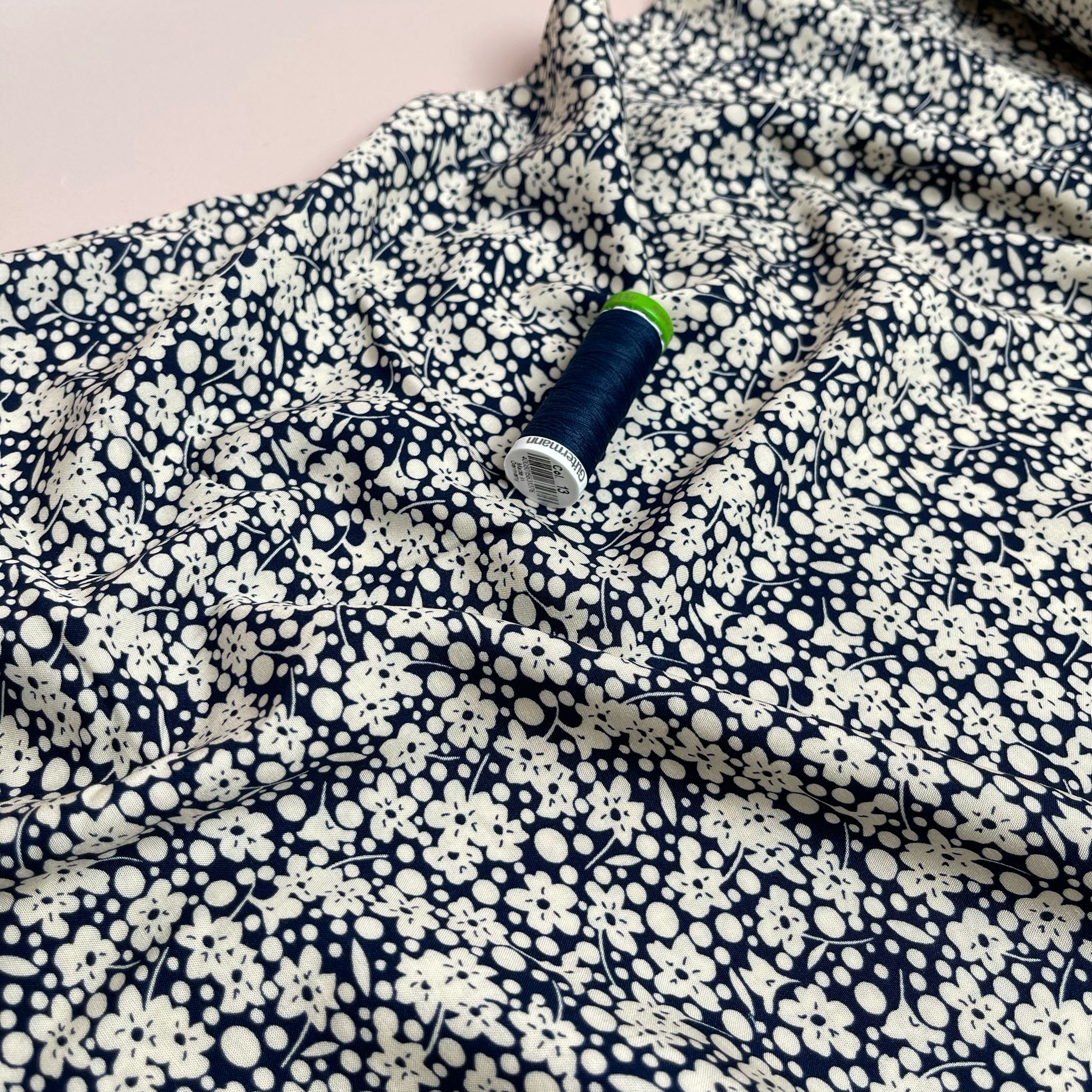 REMNANT 0.33 Metres - Off-White Floral Field on Dark Navy Viscose Fabric