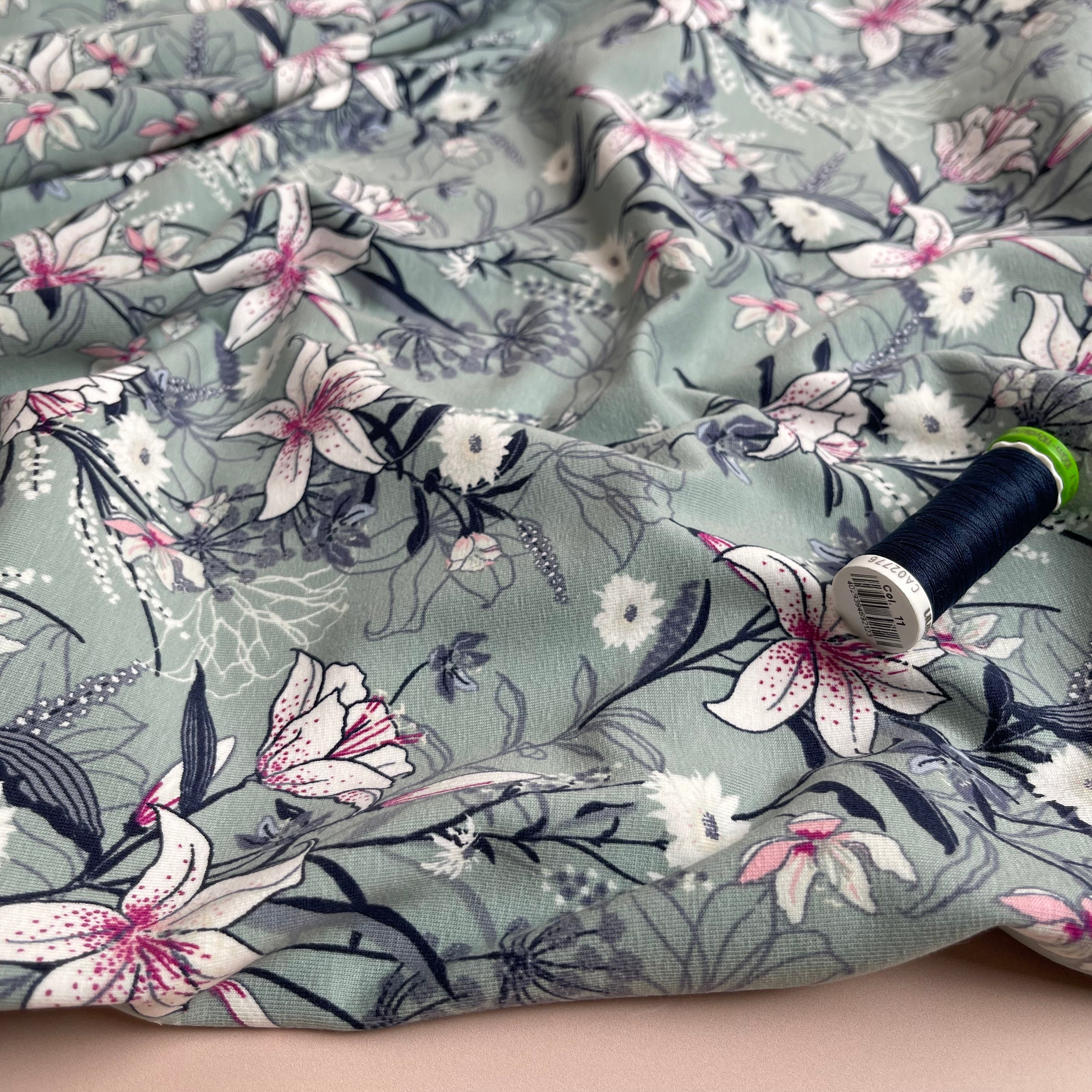REMNANT 0.24 Metre - Lilies on Sage Green Cotton Jersey Fabric