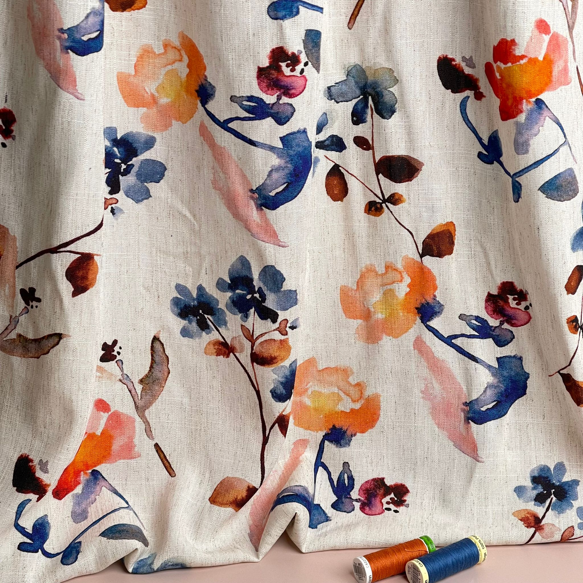 Apricot and Blue Florals Viscose Linen Fabric