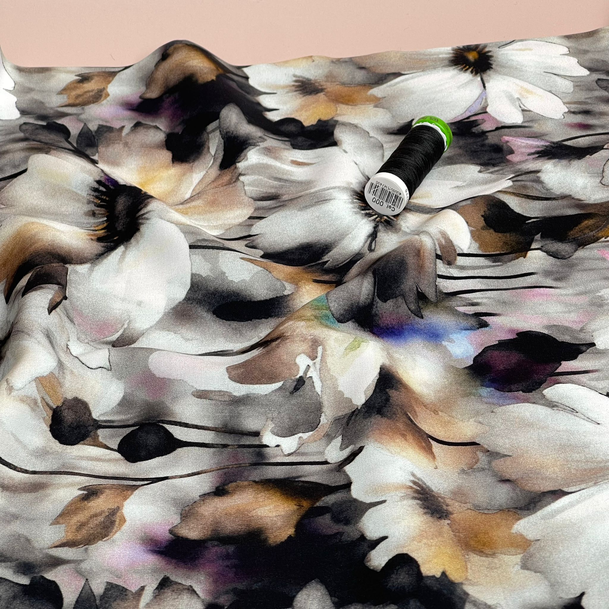 REMNANT 0.82 Metre - Neutral Flowers in Black and White Viscose Poplin Fabric