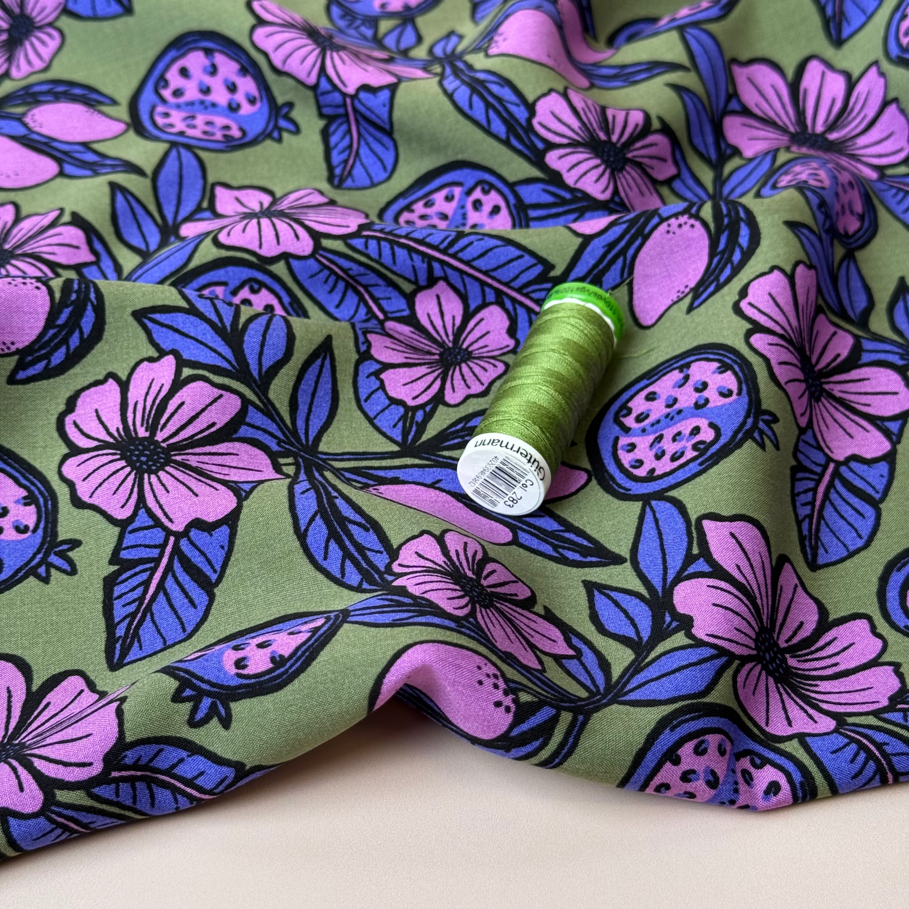 Pomegranates on Olive Green Viscose Fabric