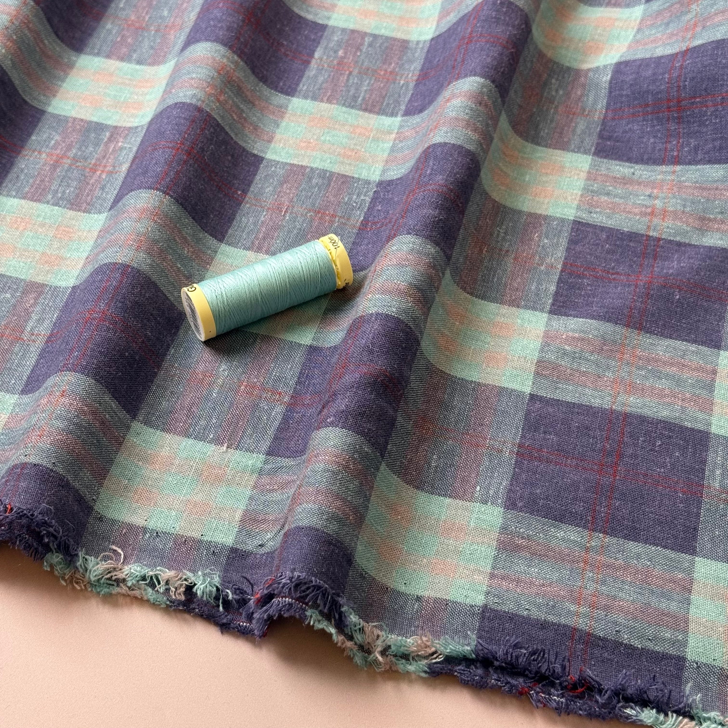 Yarn Dyed Mint and Purple Checks Linen Viscose Fabric