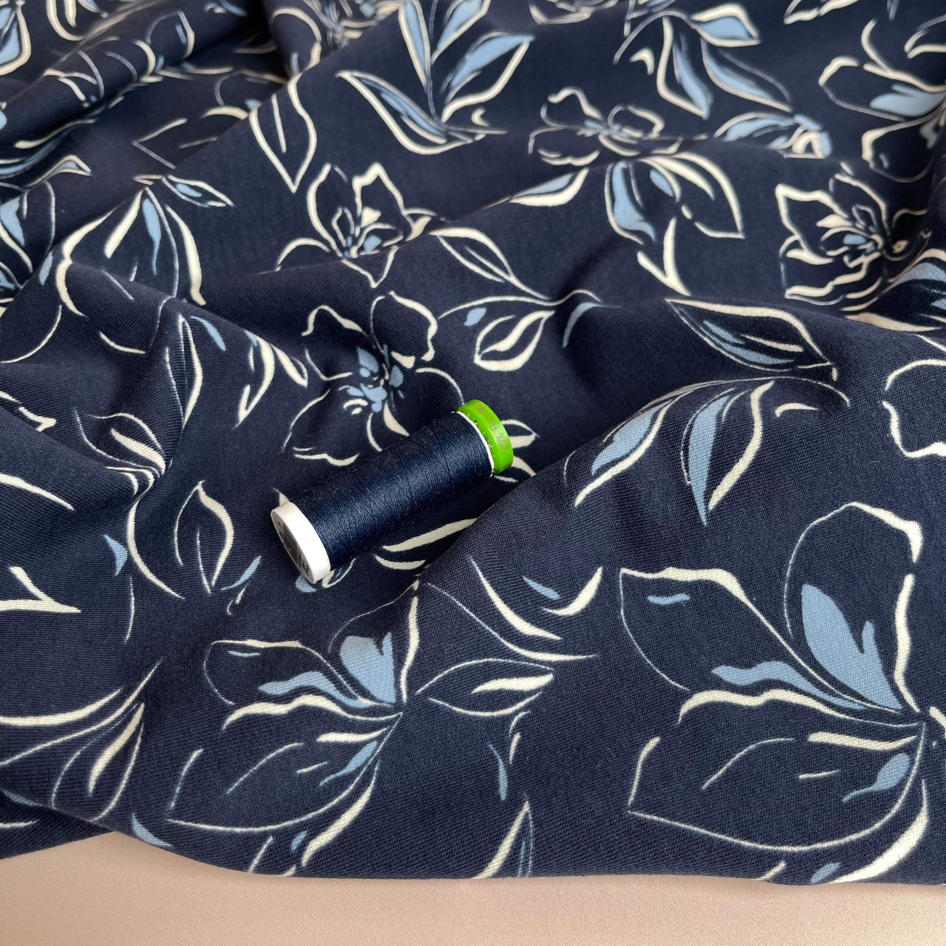 Line Flowers on Navy Recycled Cotton French Terry