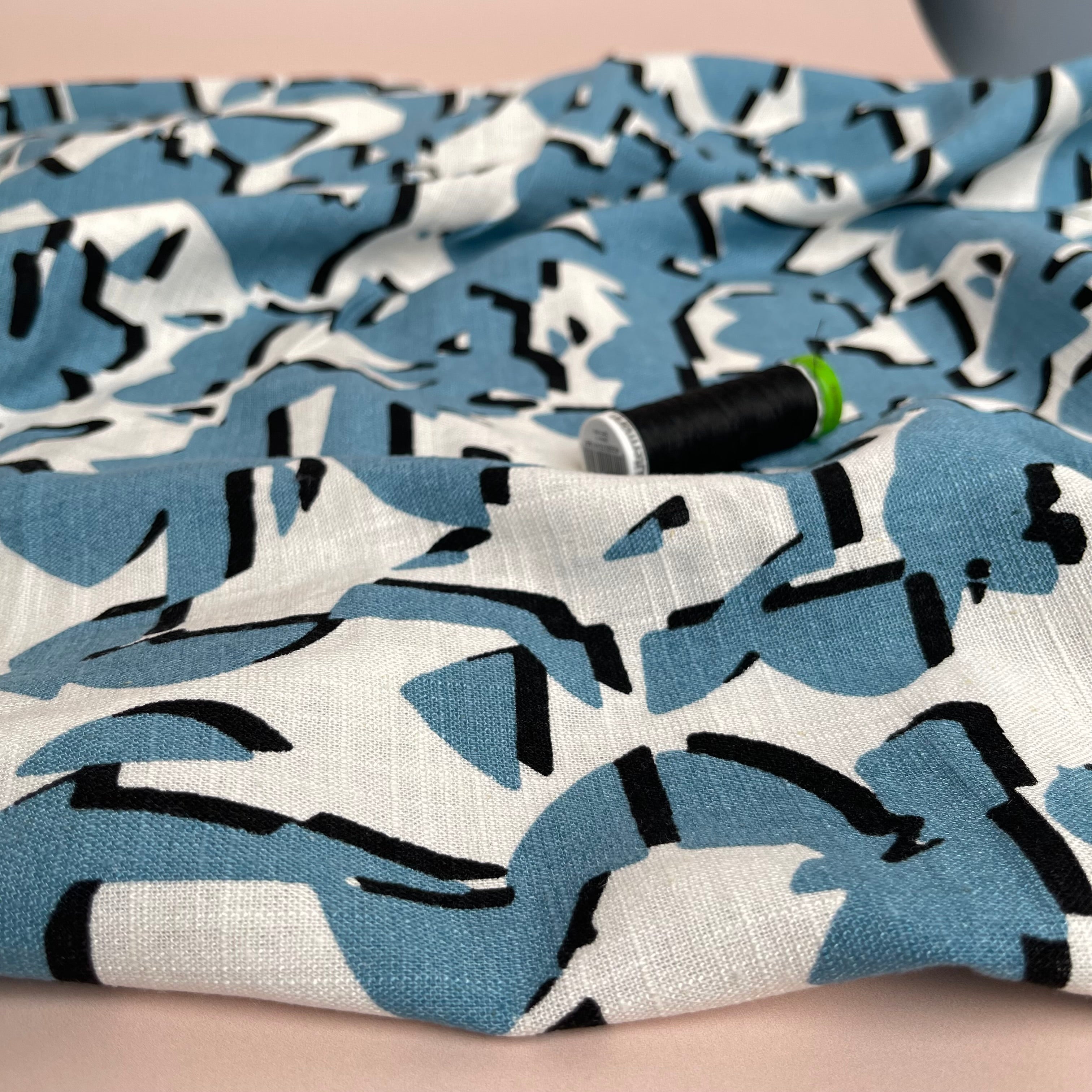 REMNANT 0.37 Metres (with faded patch) - Shapes Blue Linen Viscose Blend Fabric