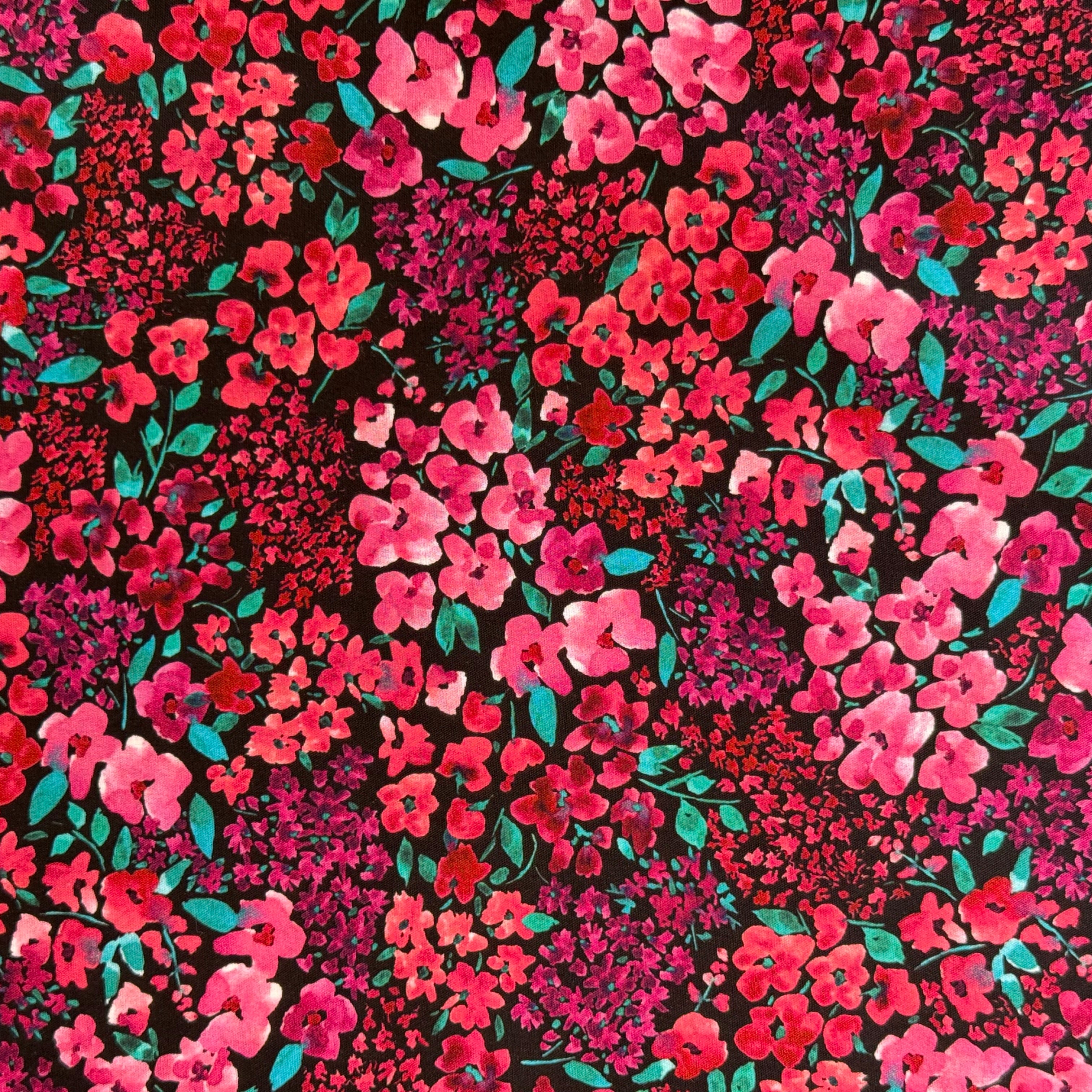 Small Watercolour Flowers on Black Fine Cotton Poplin