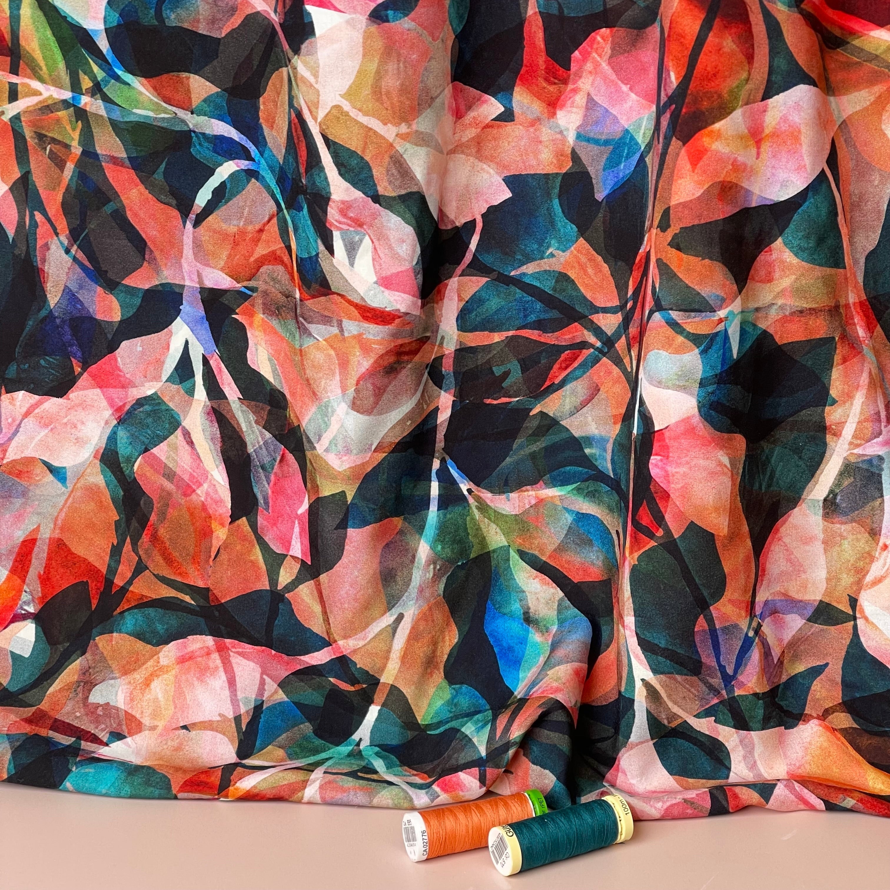 Make an Outfit Colour Bundle - Painted Foliage Sunset Viscose, Linen Crepe and Sweatshirting with Ribbing