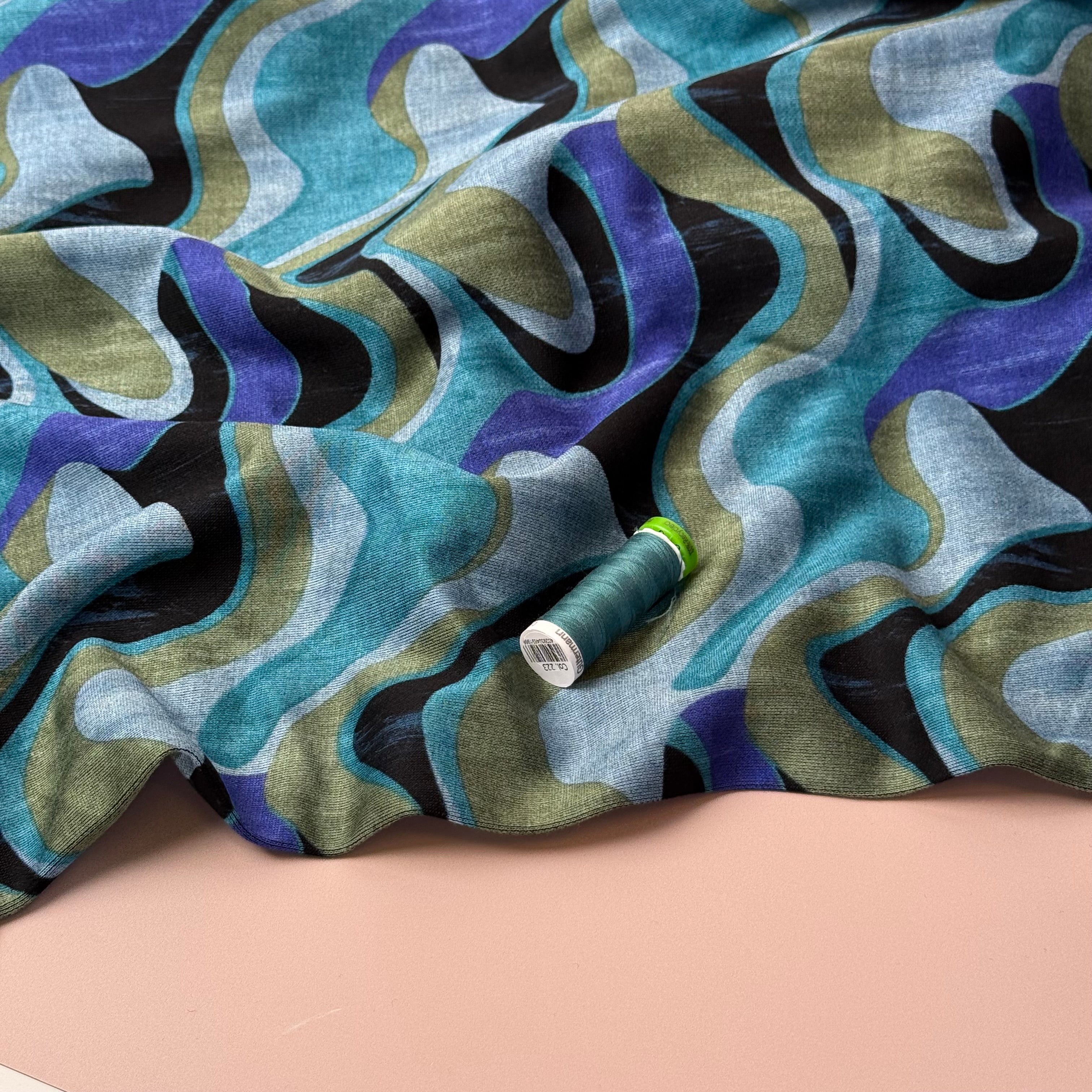 Waves in Teal Soft Ponte Interlock Jersey Fabric