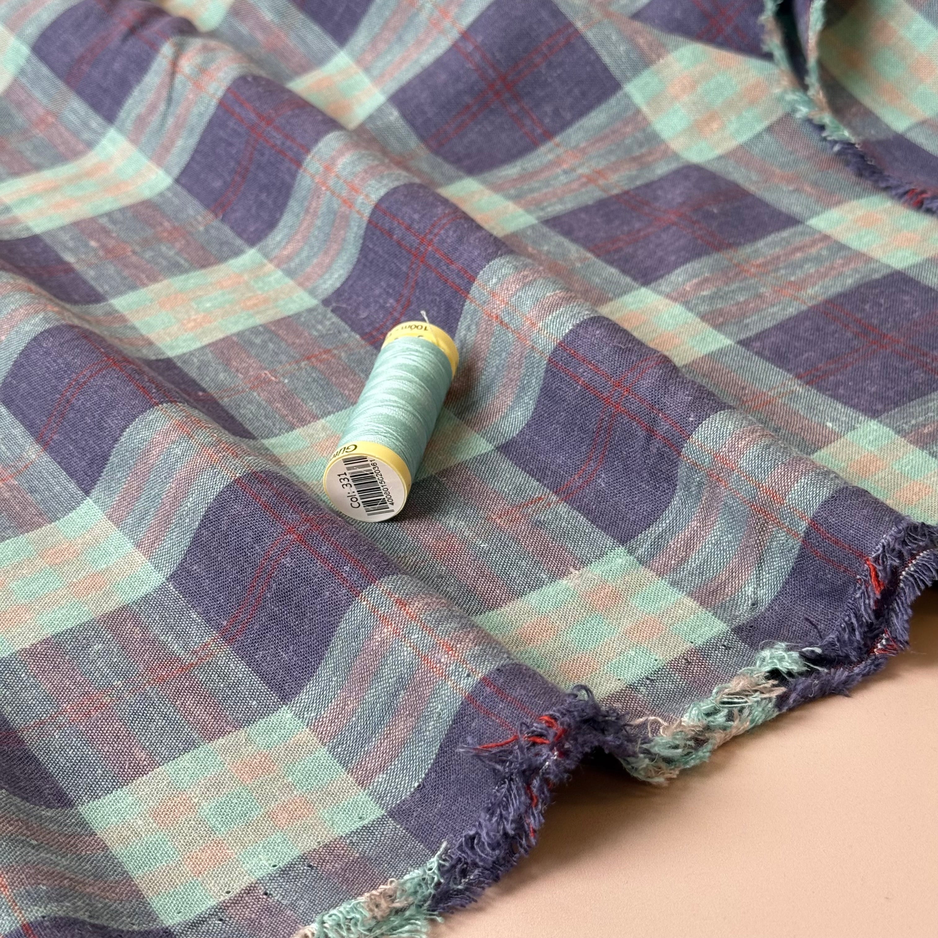 Yarn Dyed Mint and Purple Checks Linen Viscose Fabric