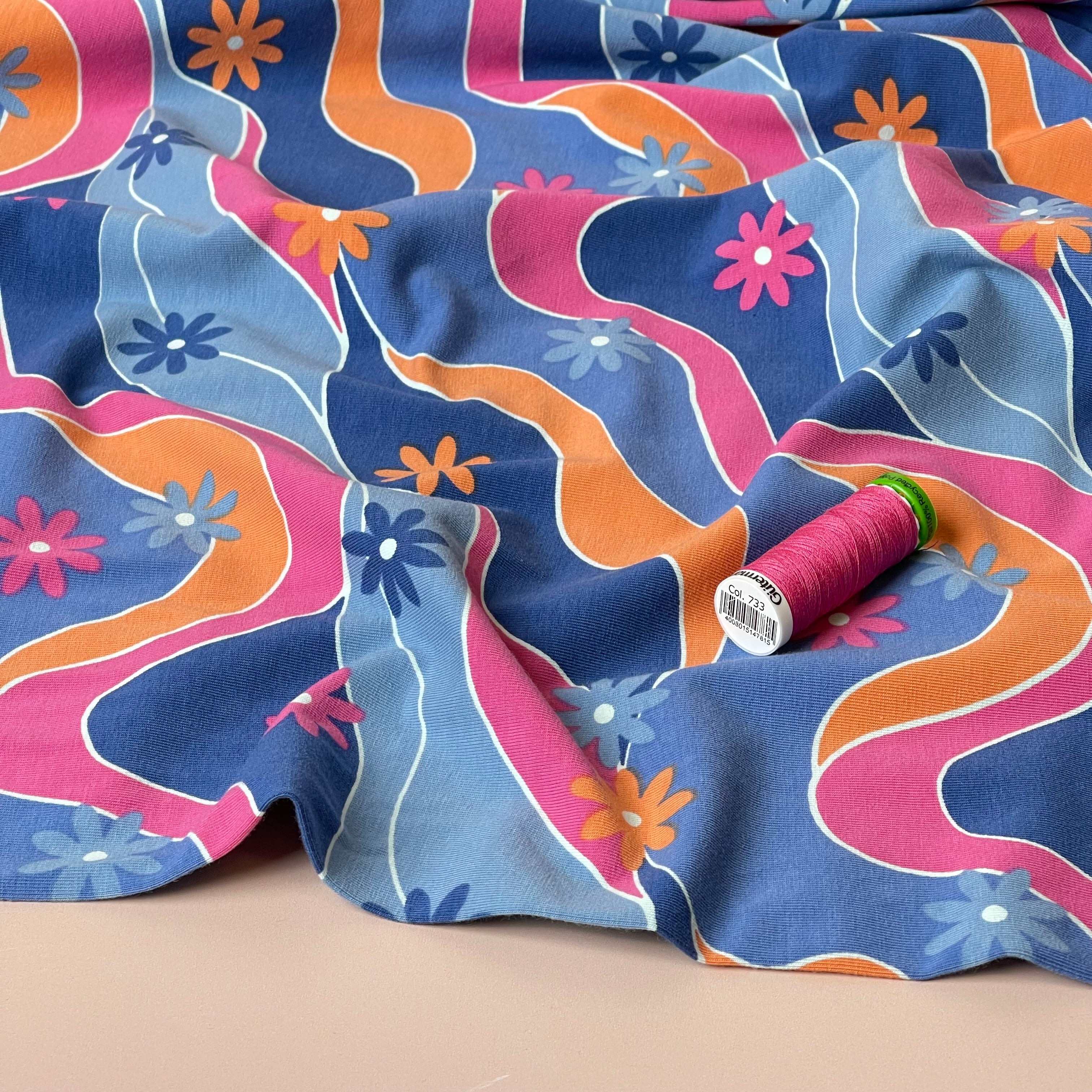 Retro Daisies on Blue Cotton Jersey Fabric
