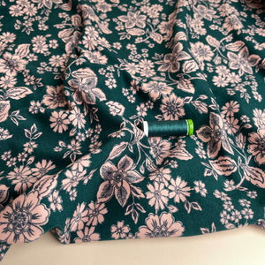 REMNANT 0.28 Metre - Line Flowers Teal Peach Soft Cotton Sweat-shirting Fabric