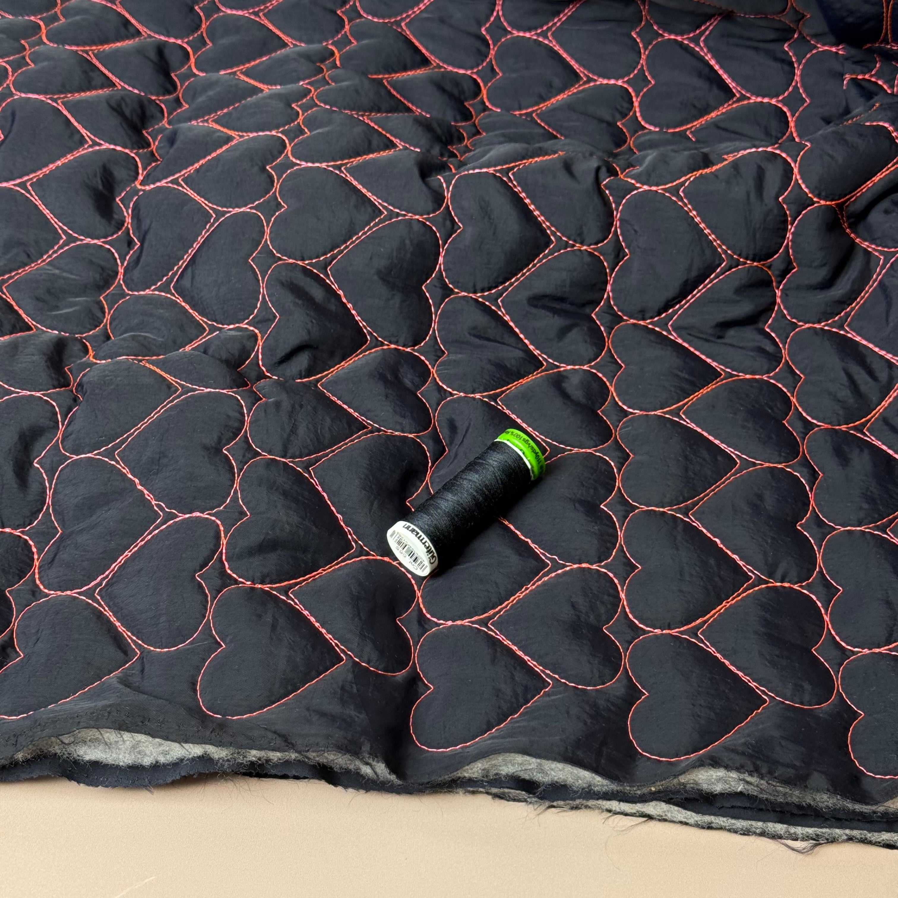 Hearts on Black Quilted Fabric