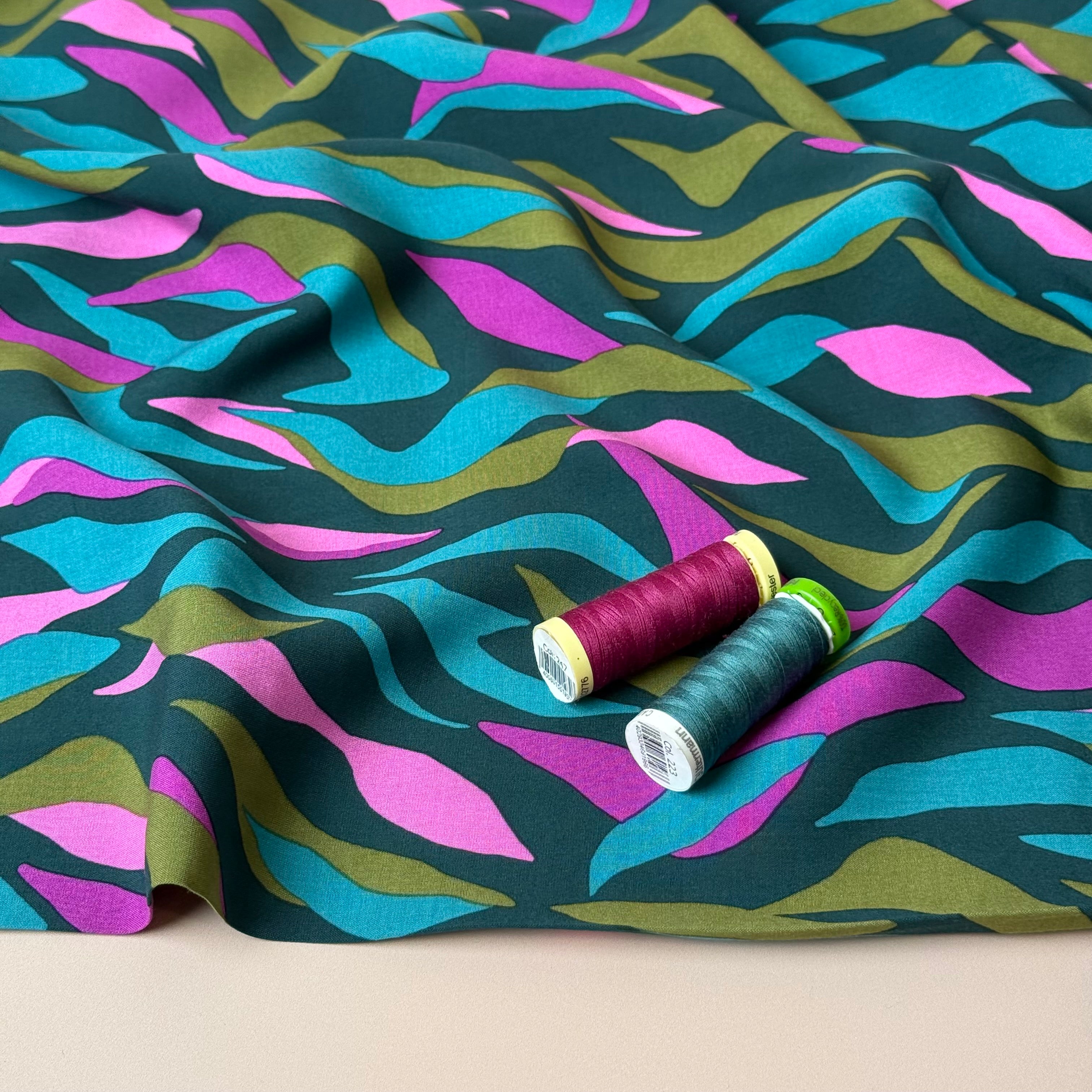 Abstract Waves Teal LENZING™ ECOVERO™ Viscose Fabric