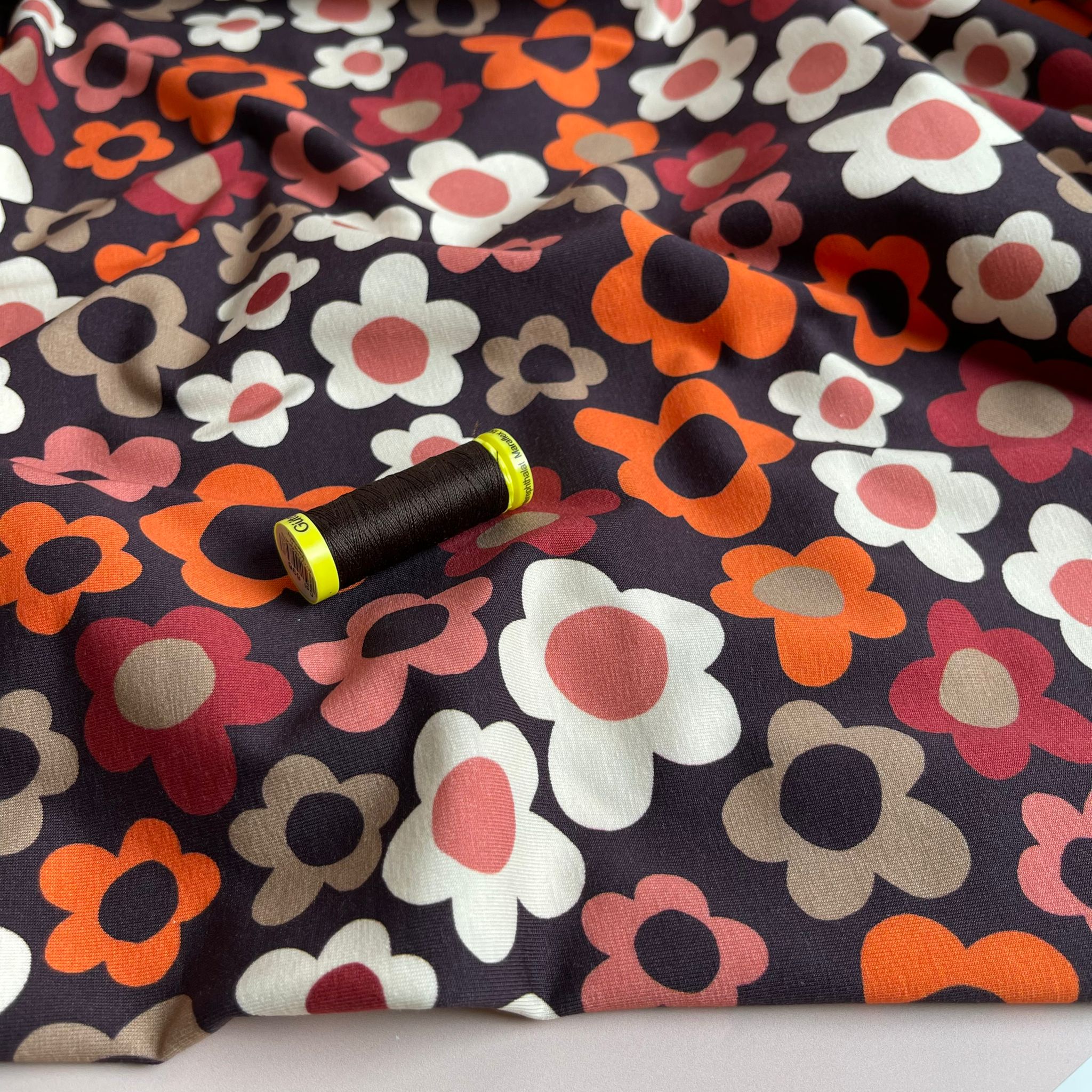 Danish Design - Pop Flowers on Brown Cotton Jersey Fabric