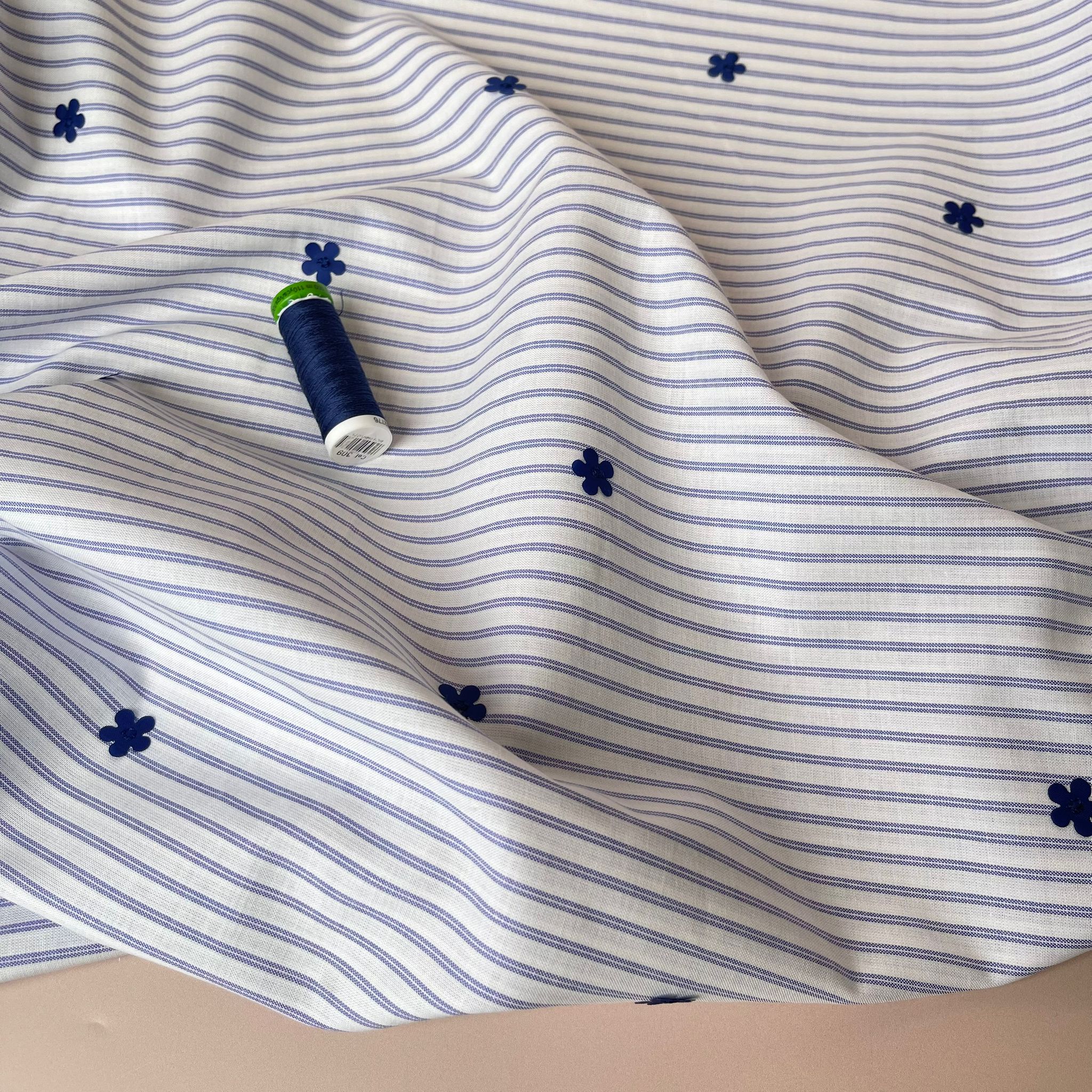 Applique Blue Flowers on White Striped Cotton Fabric